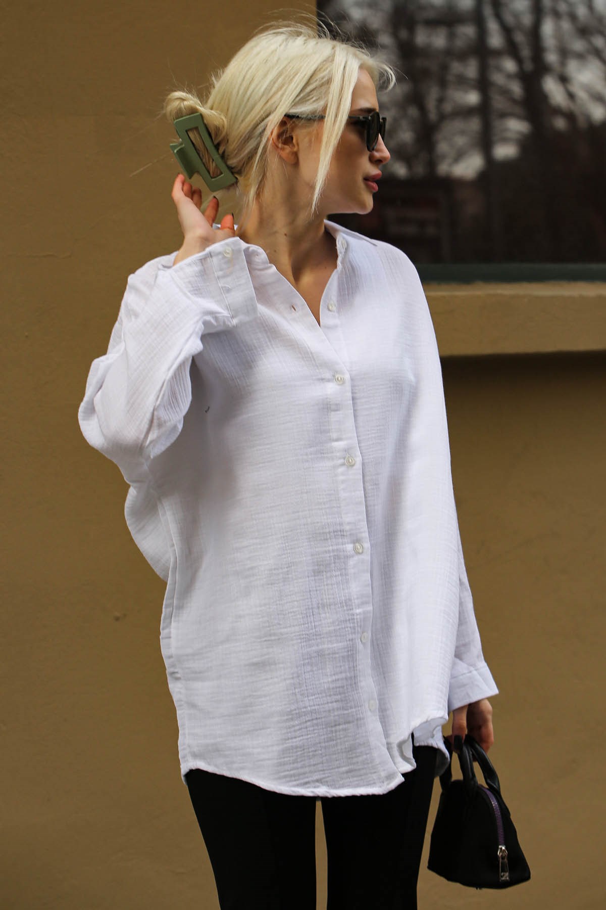 Beyaz Muslin Kumaş Basic Kadın Gömlek - Madmext