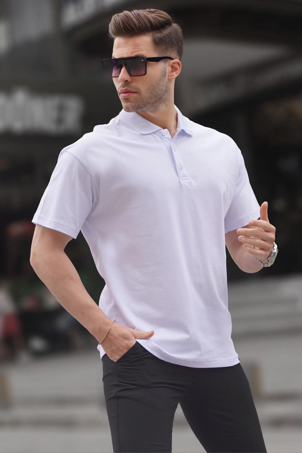 Beyaz Polo Yaka Basic Erkek Tişört - Madmext