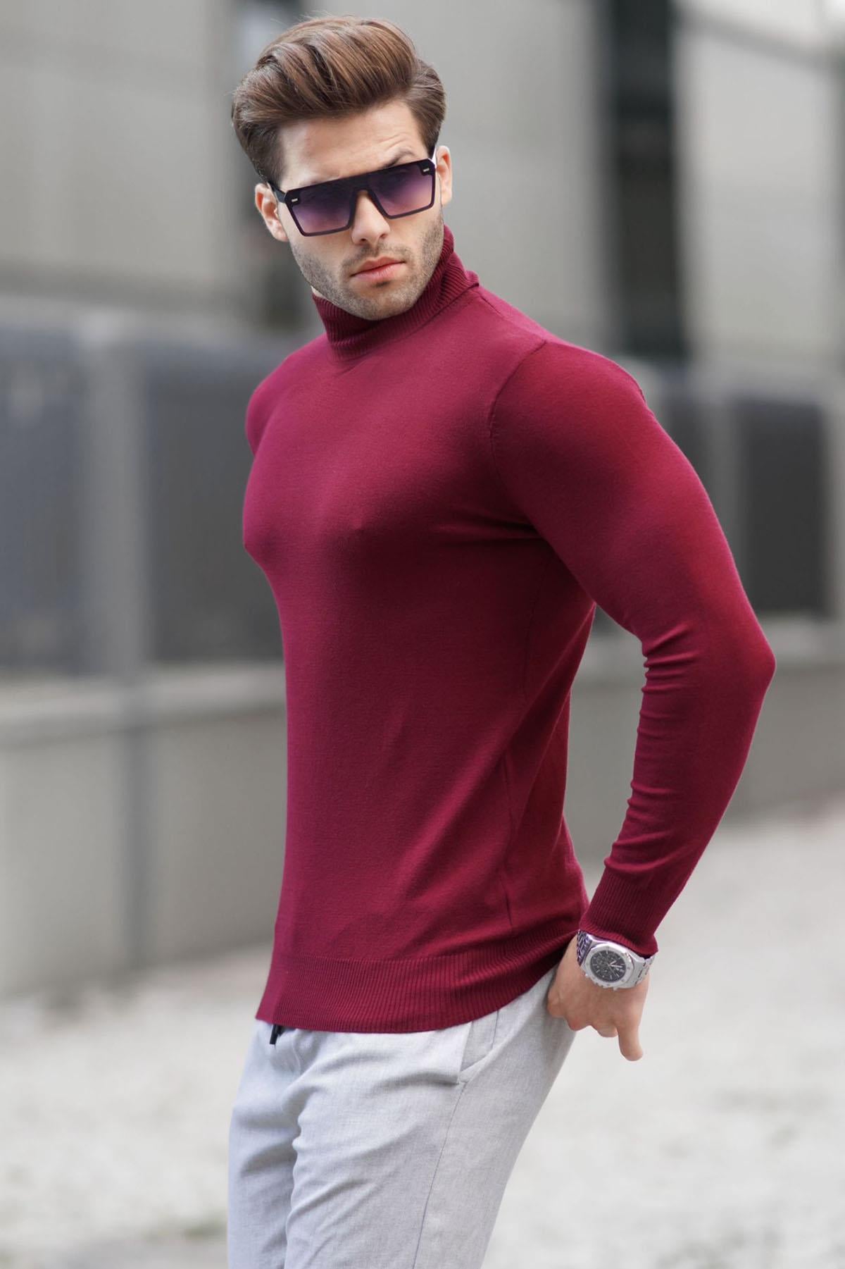 Bordo Balıkçı Yaka Erkek Triko Kazak 6809