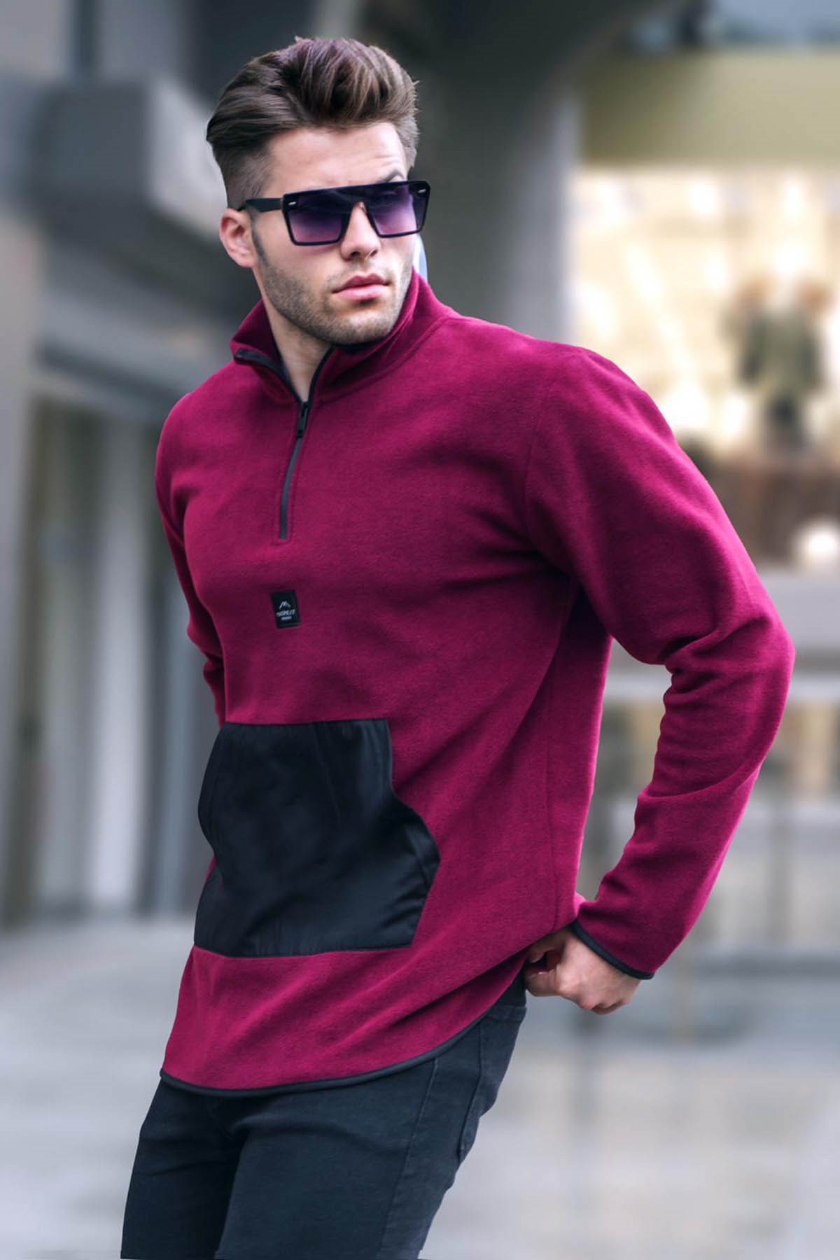 Erkek Bordo Bato Yaka Kanguru Cepli Soğuk Geçirmez Polar Sweatshirt 6018 -  Madmext