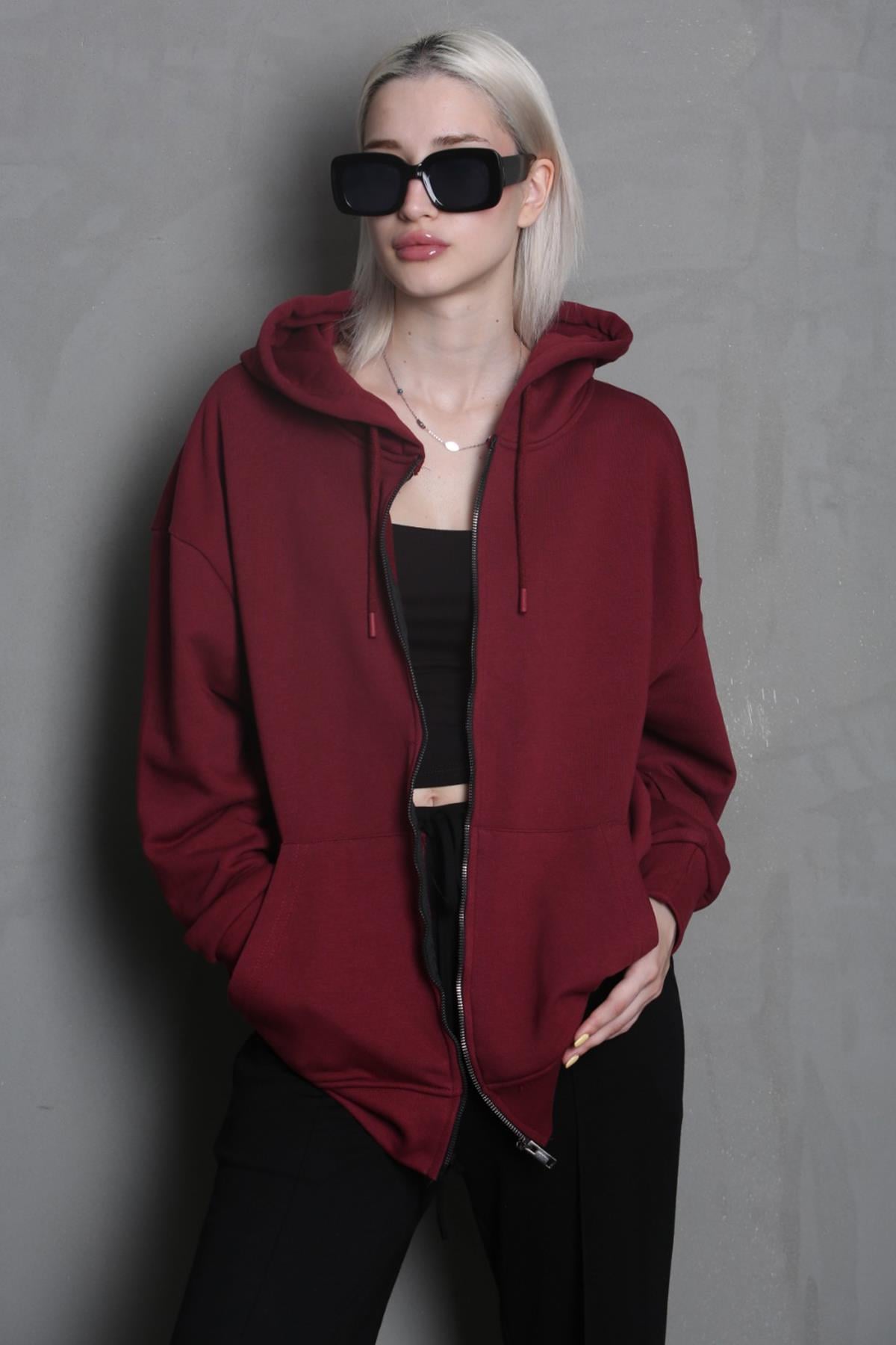 Bordo Kapüşonlu Basic Sweatshirt MG1900