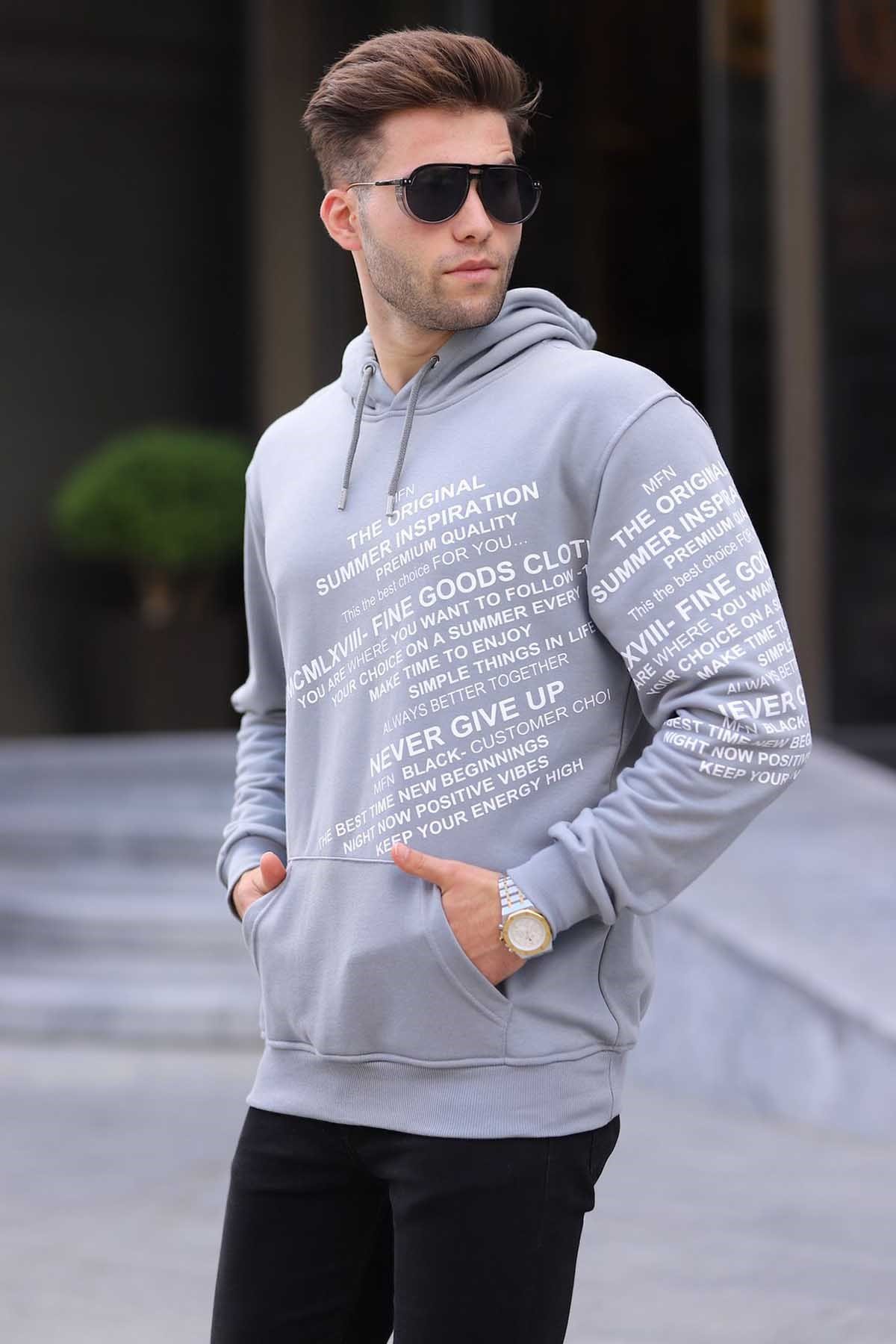 Boyal Gri Bask l Kapu onlu Sweatshirt 6009