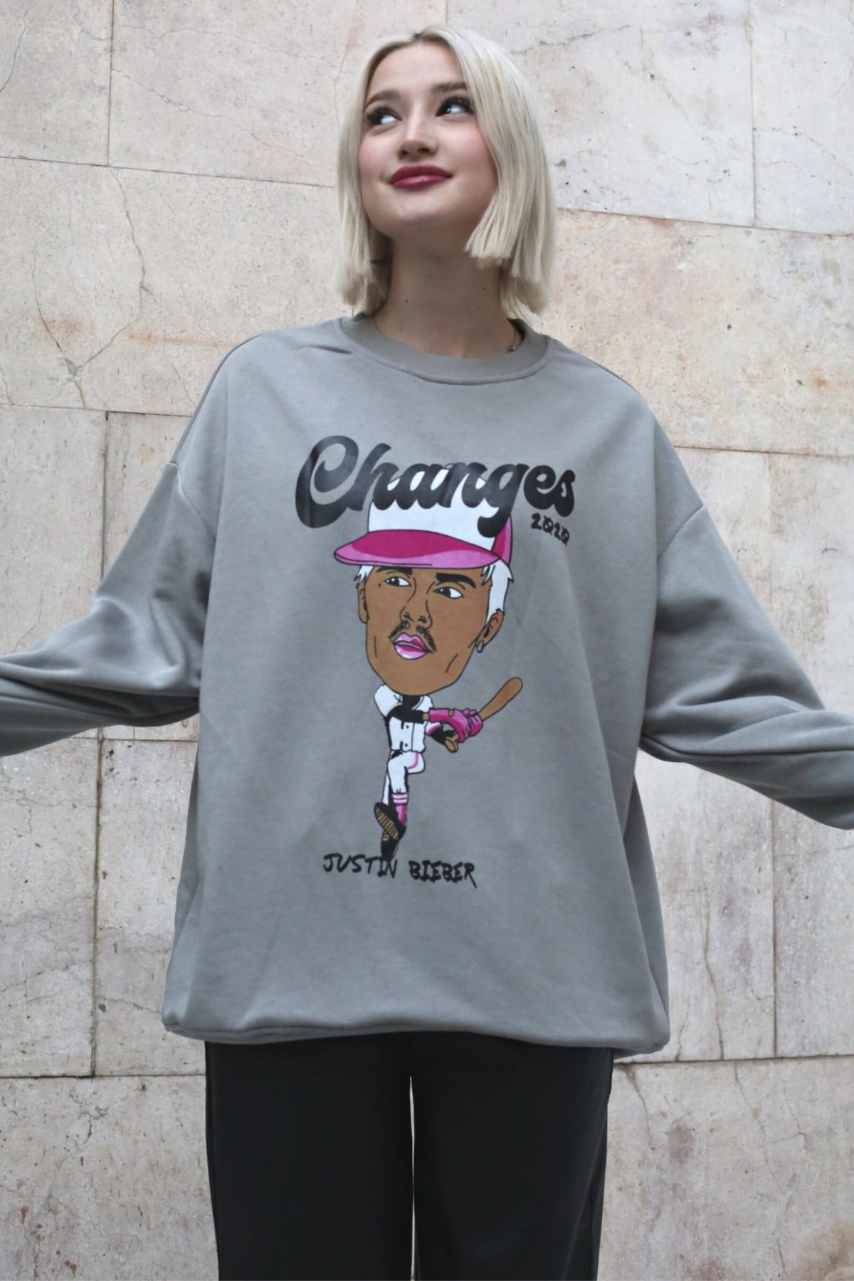 Boyalı Gri Baskılı Oversize Sweatshirt MG1578