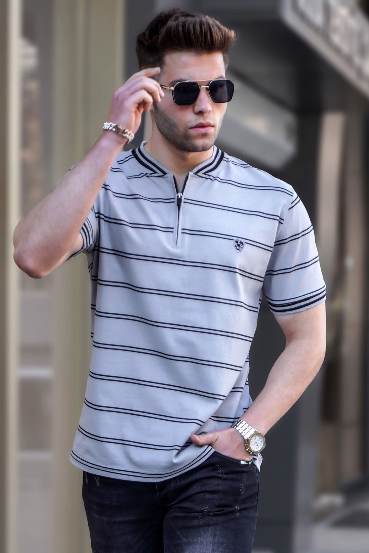 Boyalı Gri Çizgili Polo Yaka Erkek Tişört 5874
