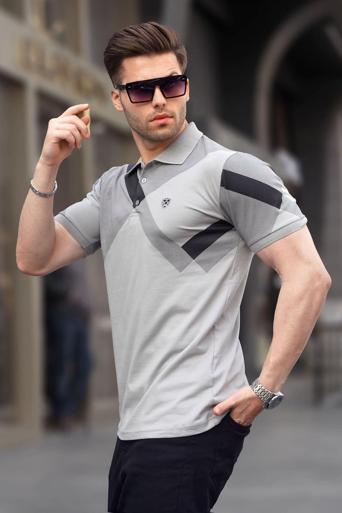 Boyalı Gri Desenli Polo Yaka Erkek Tişört 6081