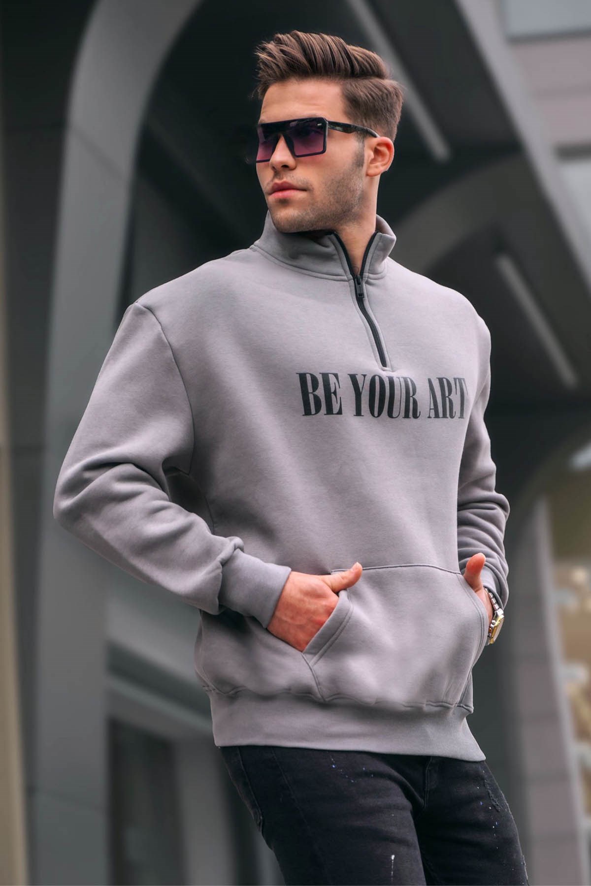 Dye Gray Zip Neck Printed Sweatshirt -- Madmext