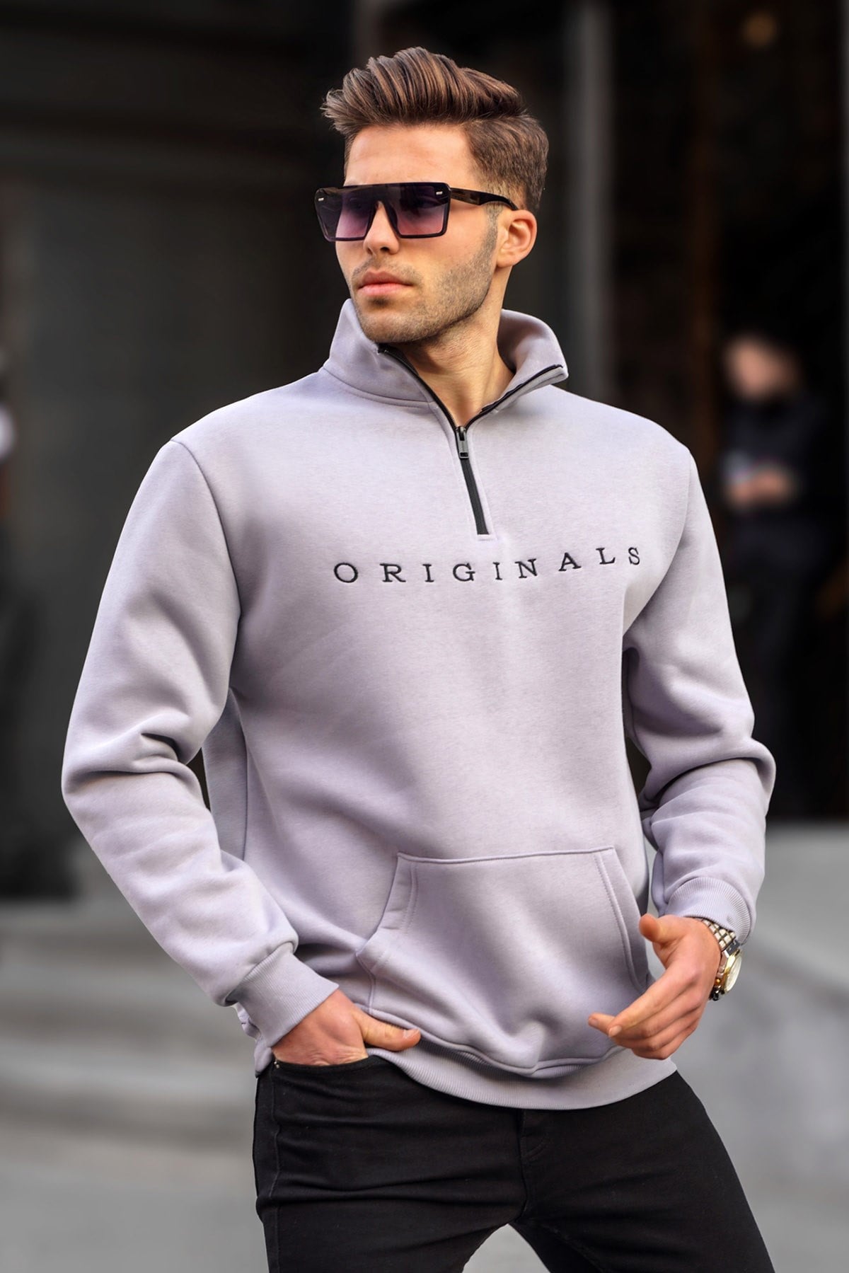 Boyalı Gri Fermuar Yaka Nakışlı Sweatshirt 6028