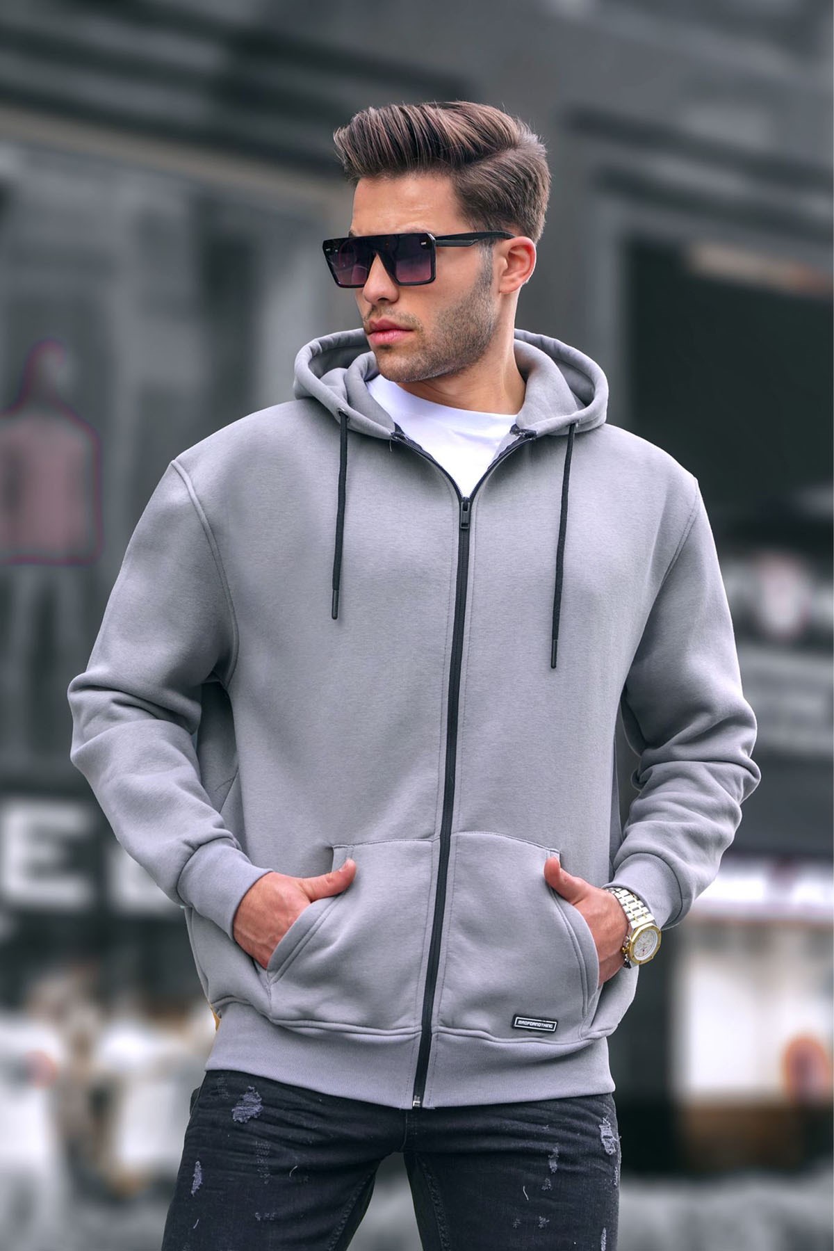 Boyalı Gri Fermuarlı Basic Sweatshirt 6027