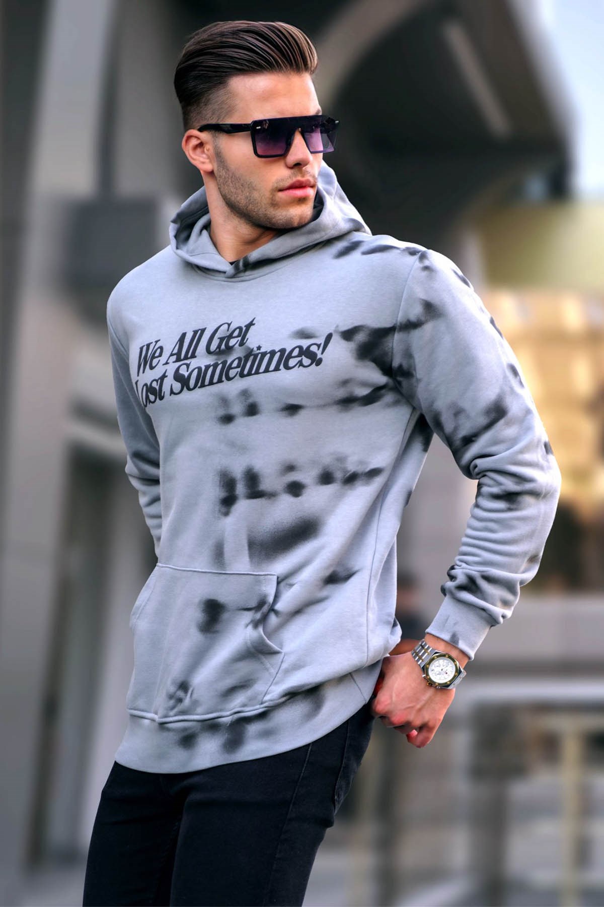 Boyalı Gri Nakışlı Kapüşonlu Sweatshirt 5897