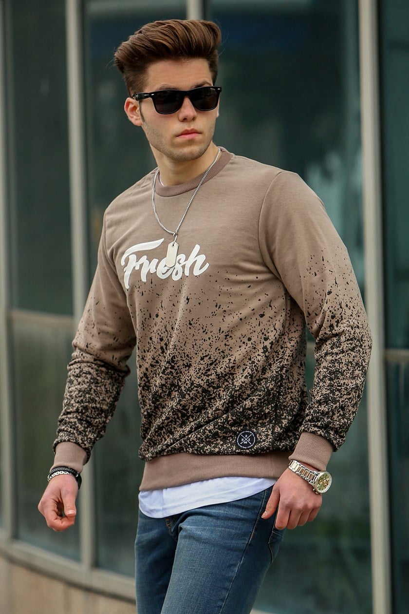 Camel Baskılı Bisiklet Yaka Sweatshirt 2791