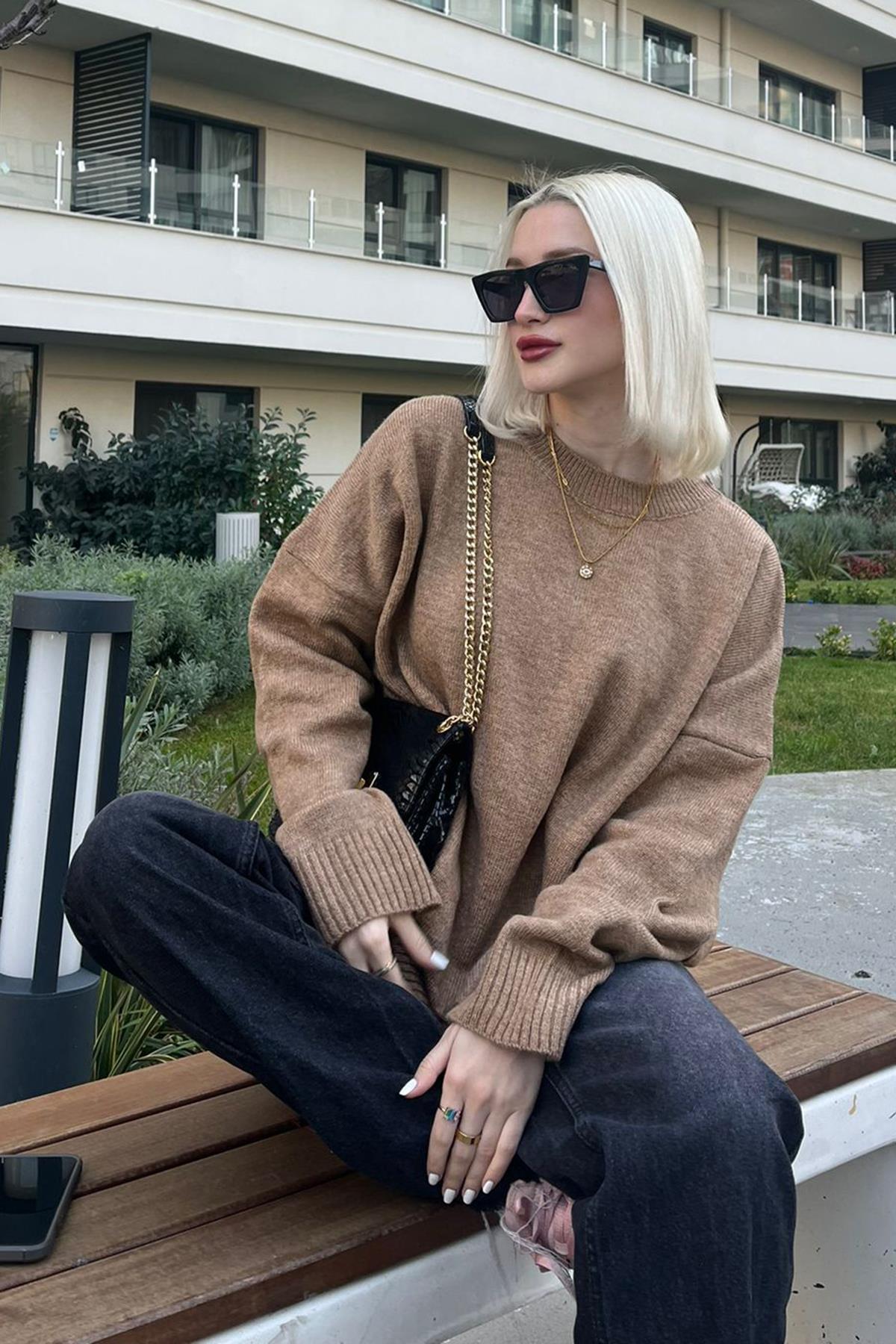 Camel Bisiklet Yaka Oversize Triko Kazak - Madmext