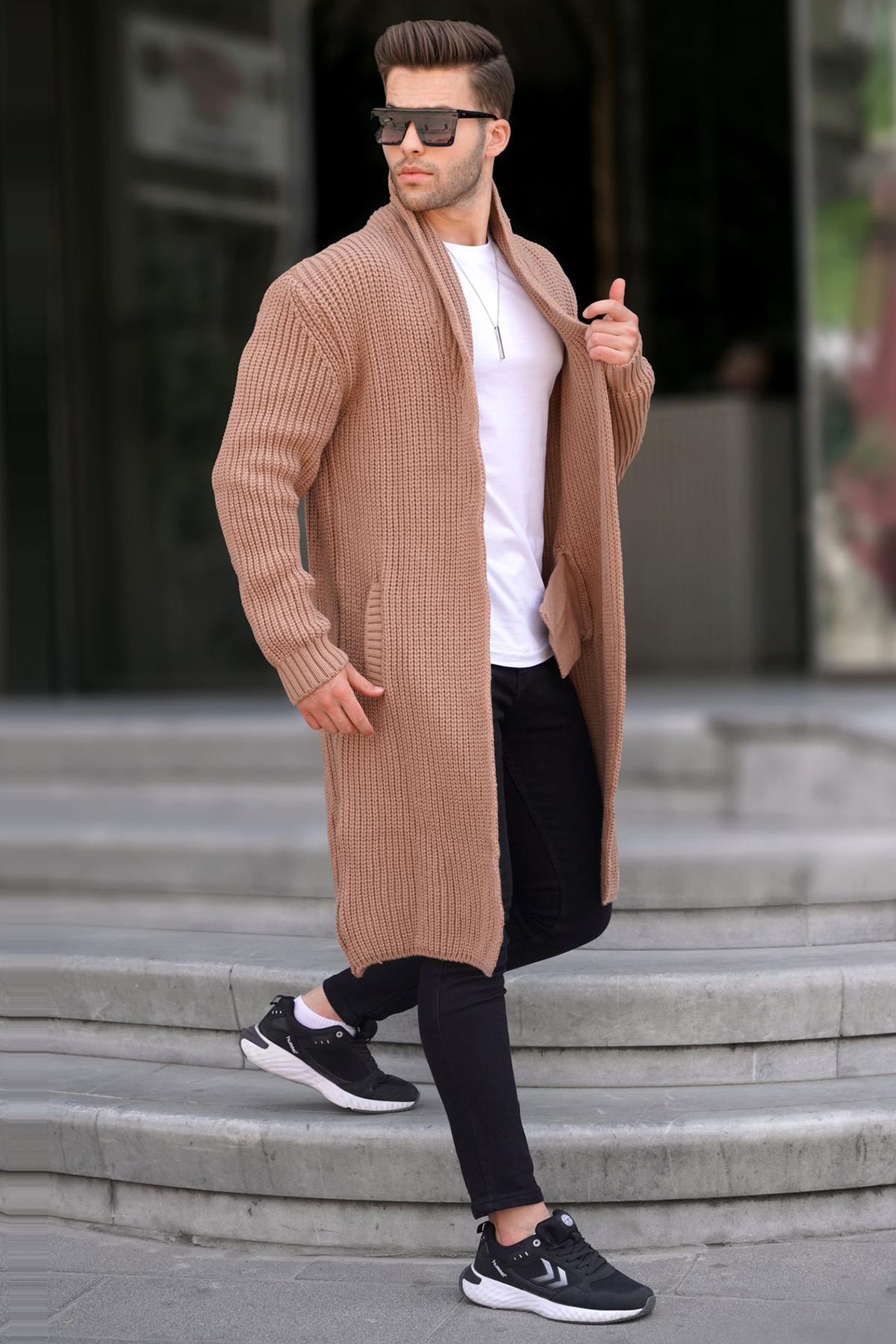 Camel Dik Yaka Cepli Uzun Triko Hırka 6816