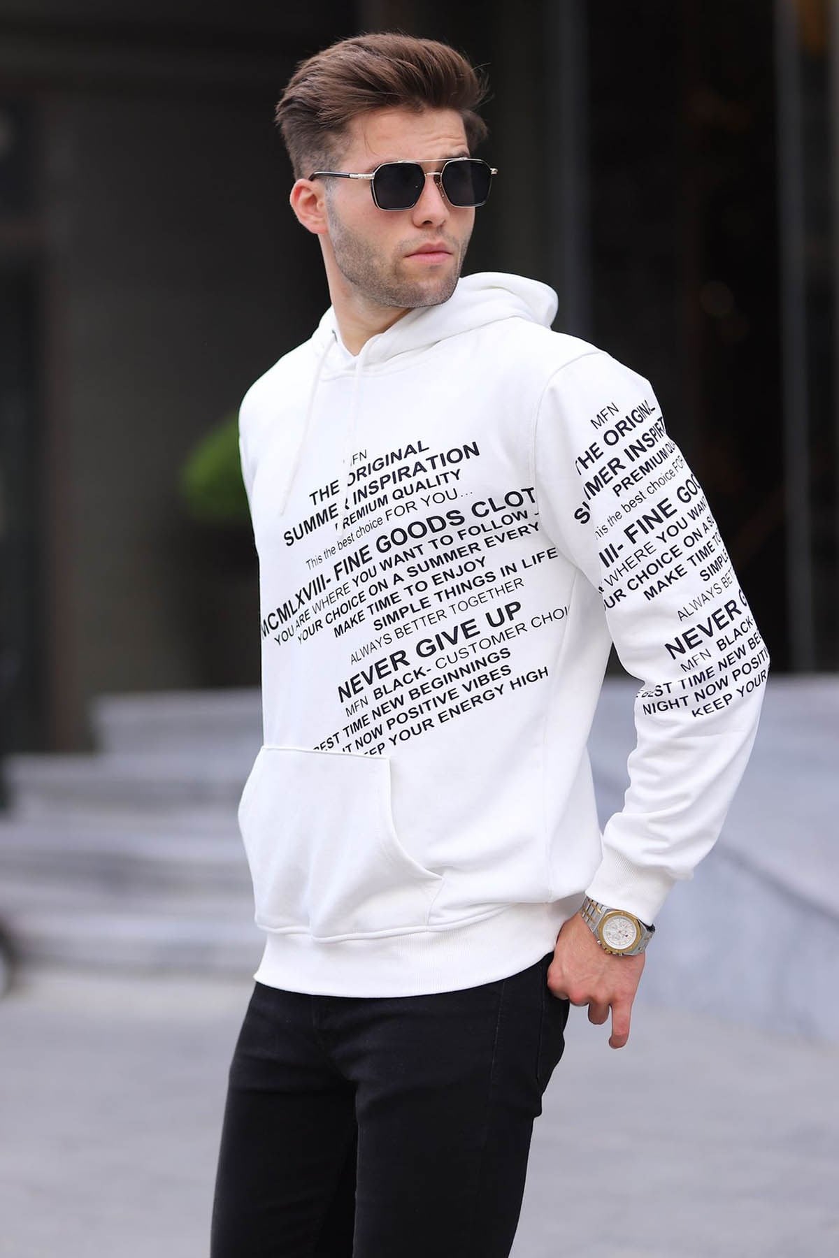 Ekru Baskılı Kapüşonlu Sweatshirt 6009
