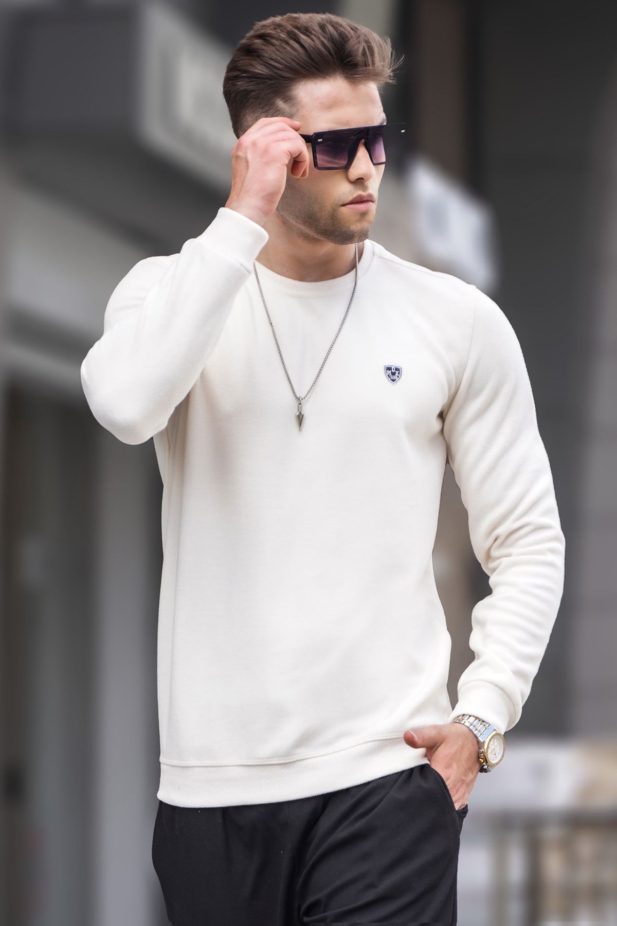 Ekru Bisiklet Yaka Regular Fit Basic Sweatshirt 5799