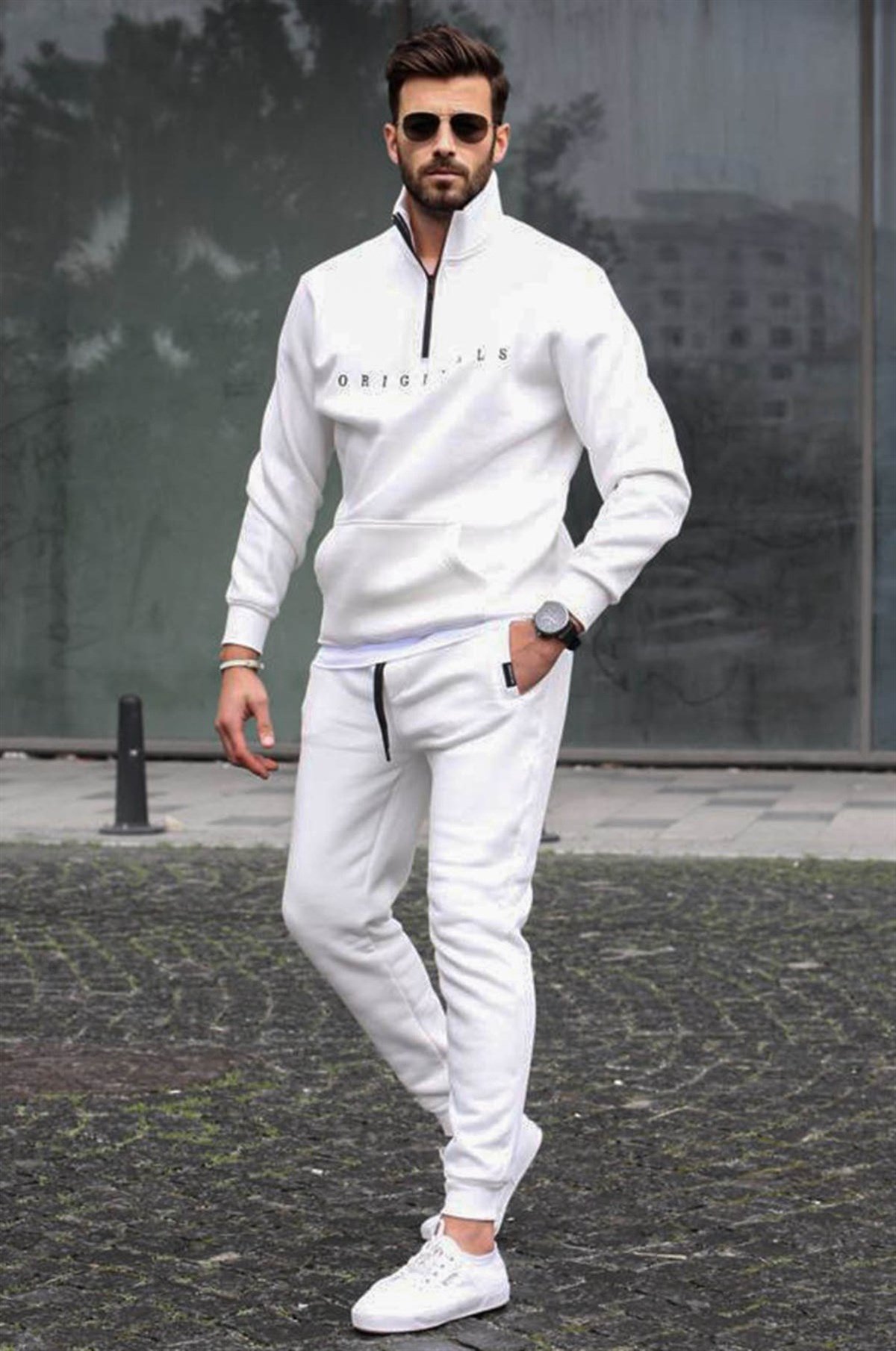 Sweatshirt White Cotton Tracksuit White Comfort Fit Zip Neck