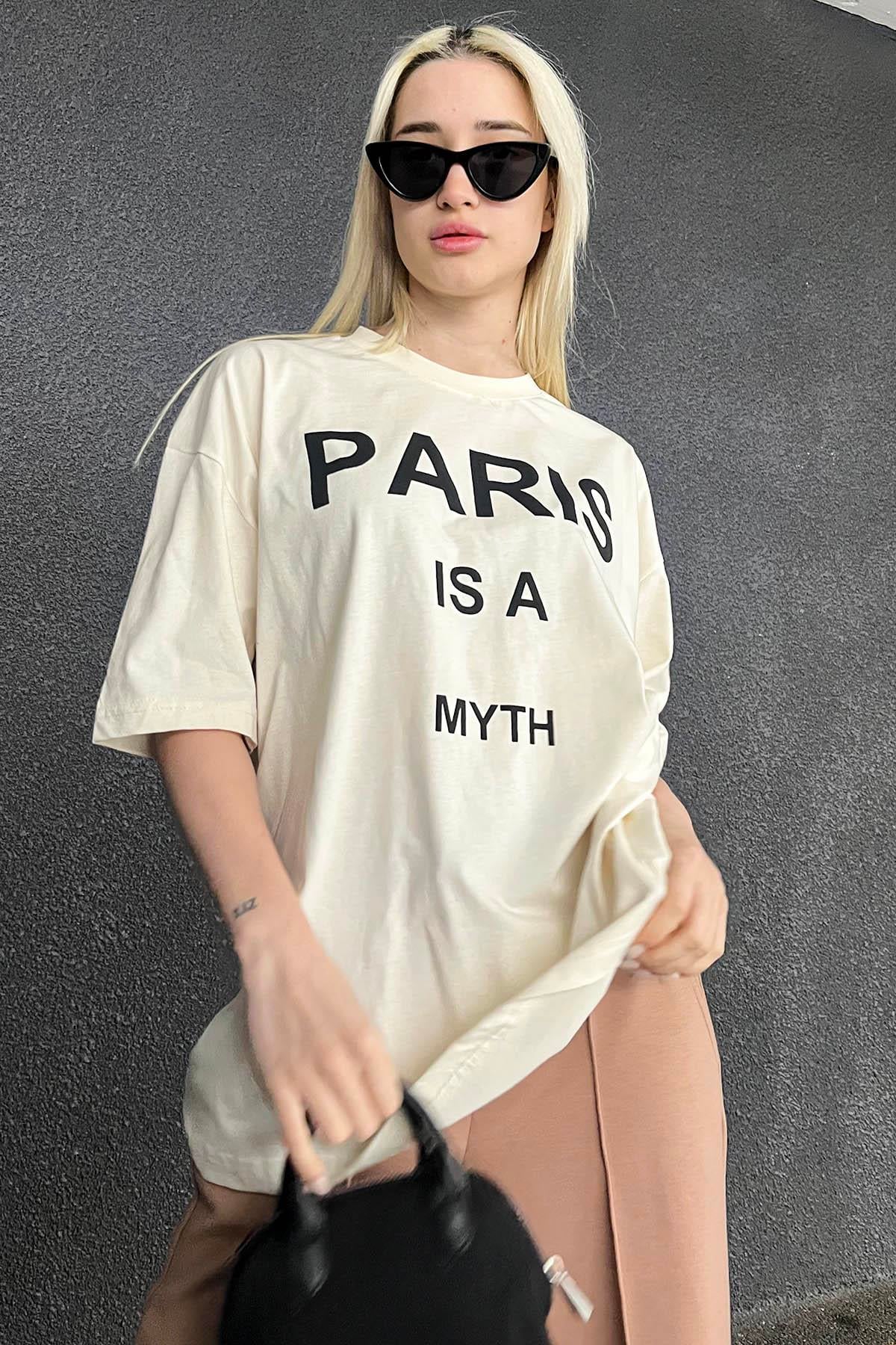 Ekru Paris Baskılı Kadın Tişört MG1654