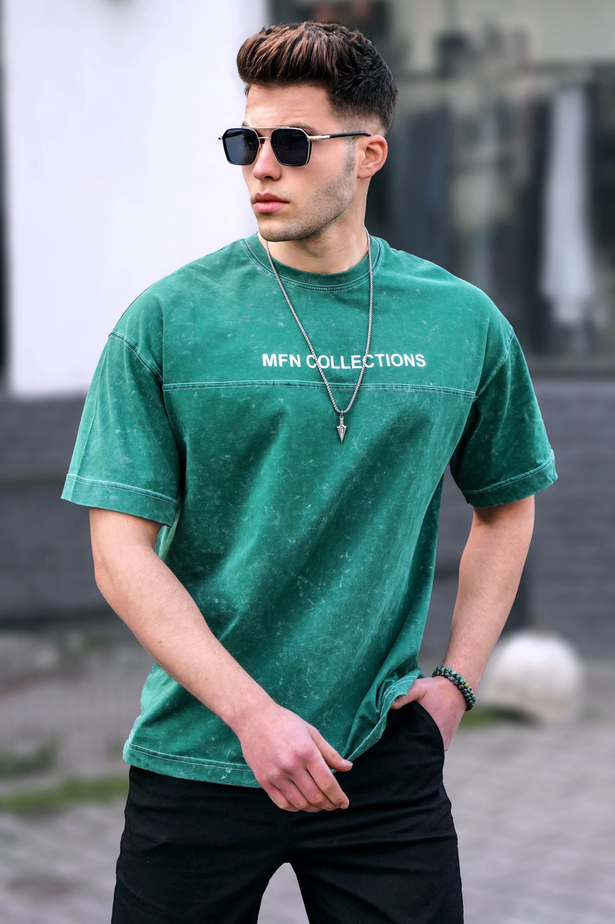 Erkek Baskılı Oversize Yeşil Tişört - Madmext