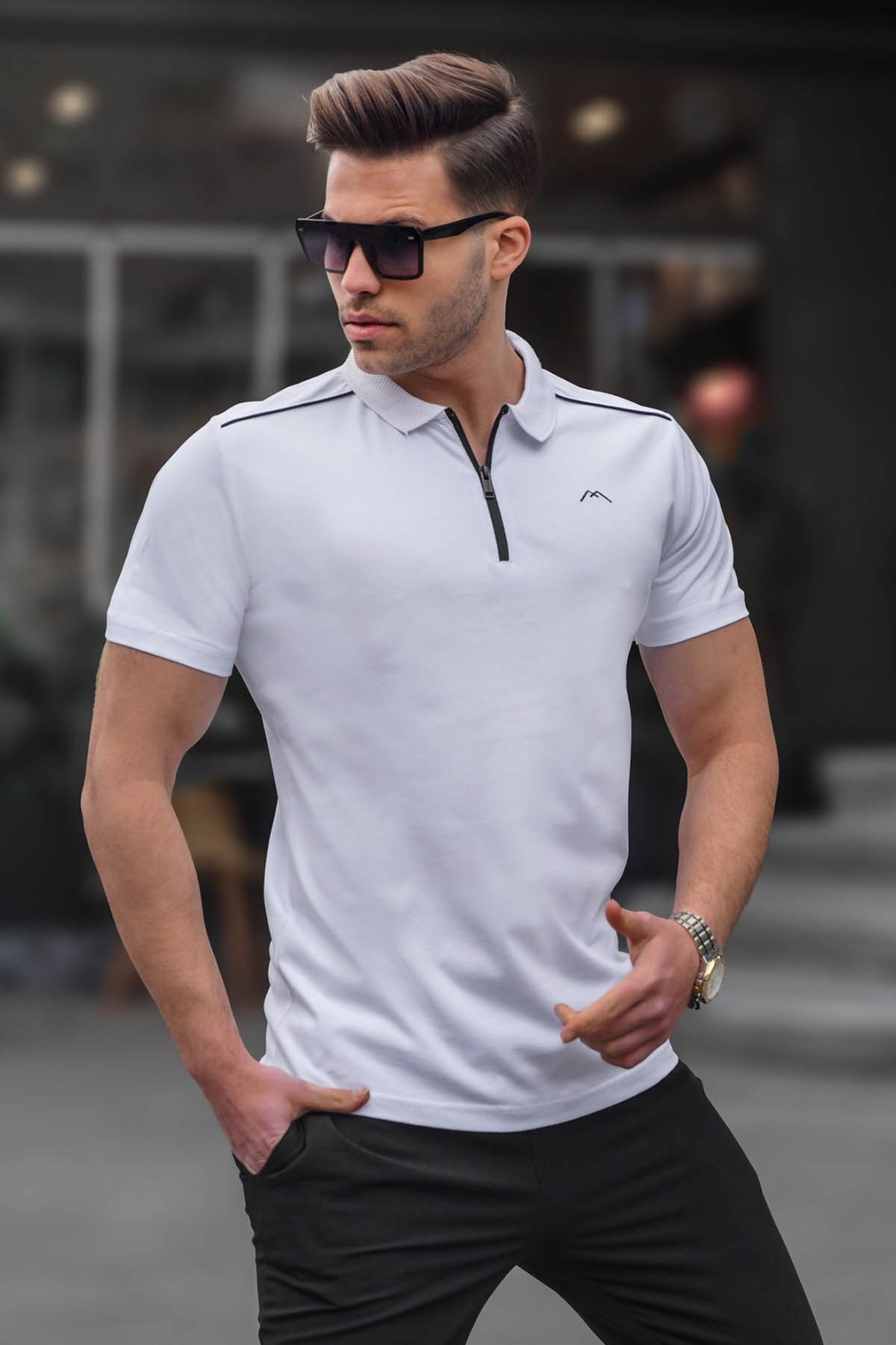 Erkek Beyaz Basic Fermuarlı Polo Tişört 6076 - Madmext