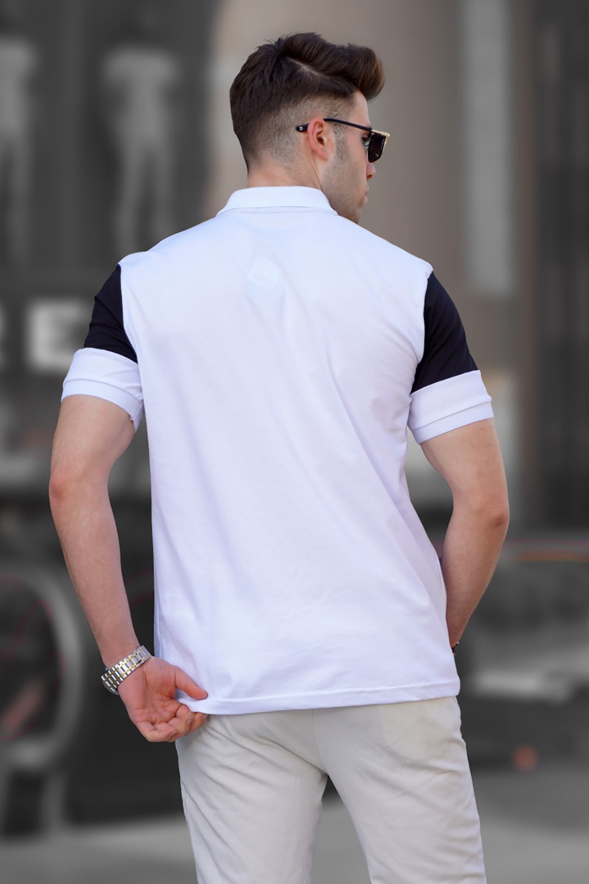 Erkek Beyaz Polo Yaka Çizgili Tişört - Madmext