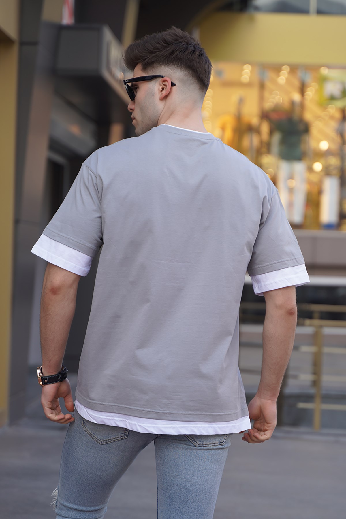 Erkek Boyalı Gri Basic Oversize Tişört - Madmext