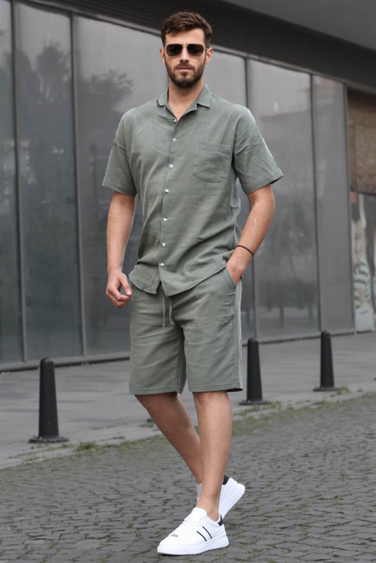 Erkek Haki Basic Oversize Gömlek Takımı -Madmext