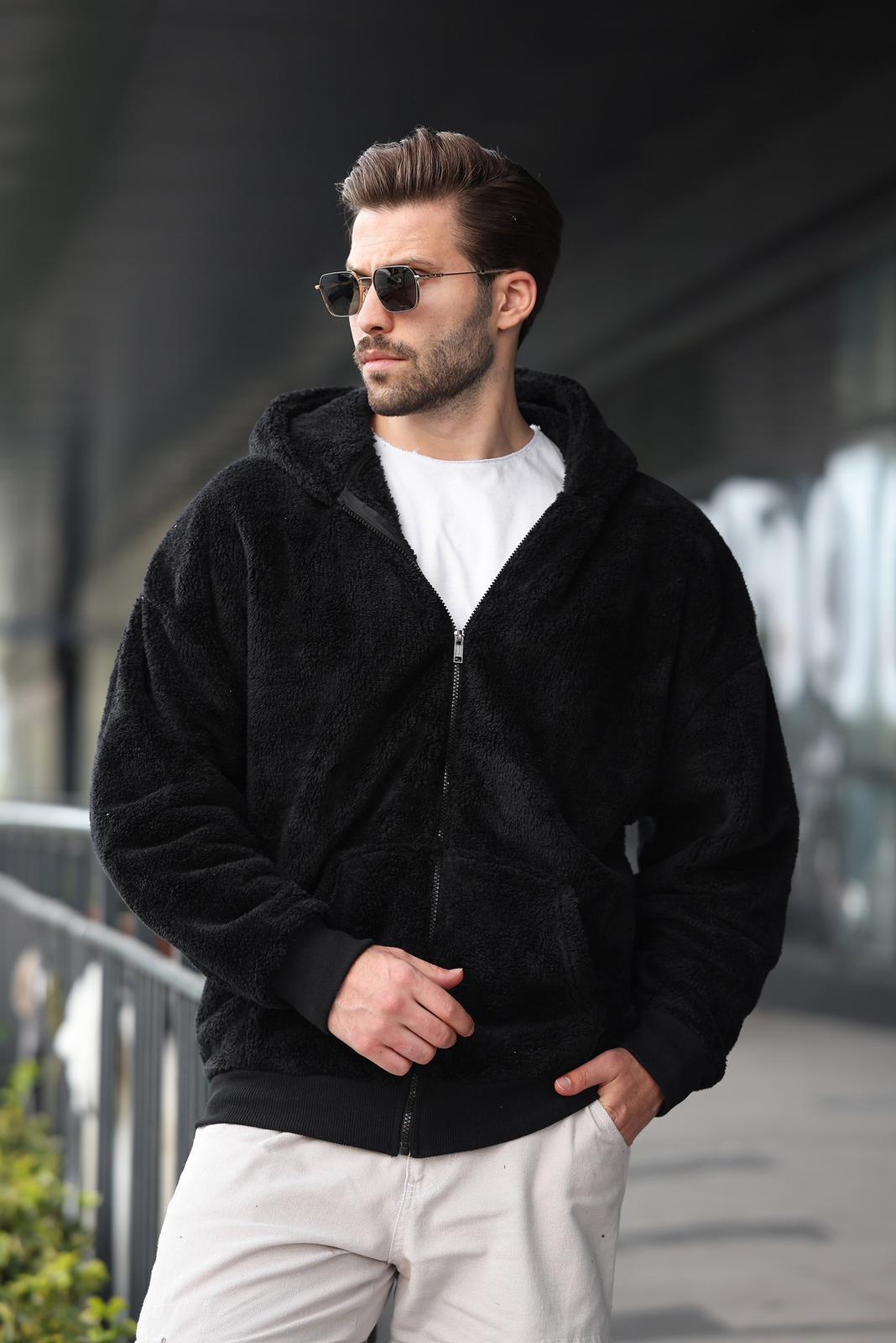 Black Fur Over Fit Zip Hoodie Sweatshirt 6049