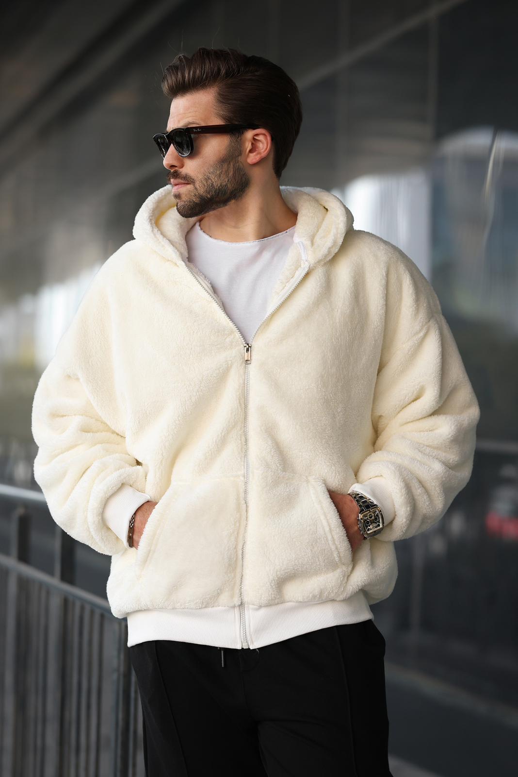 White Fur Over Fit Zip Hoodie Sweatshirt 6049