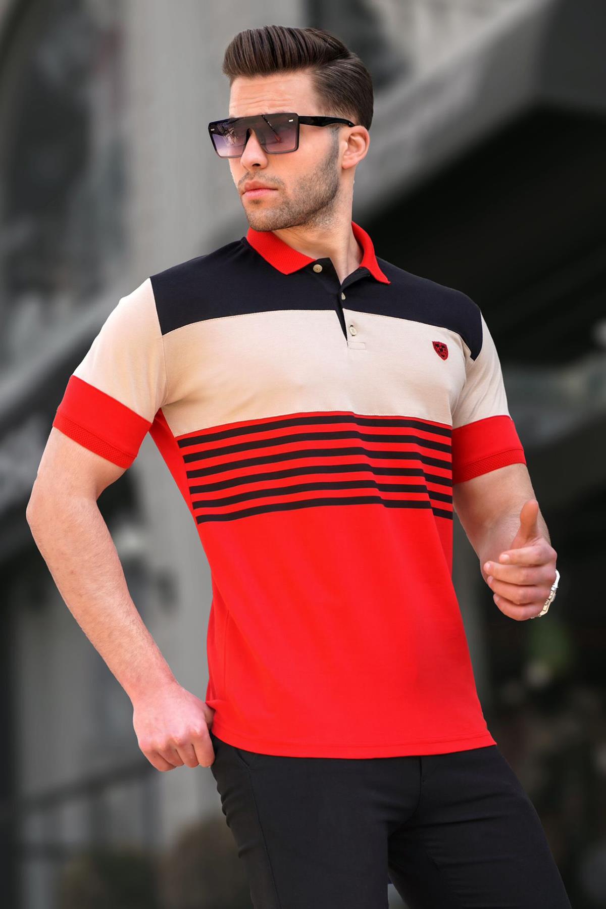 Erkek Kırmızı Polo Yaka Çizgili Tişört - Madmext