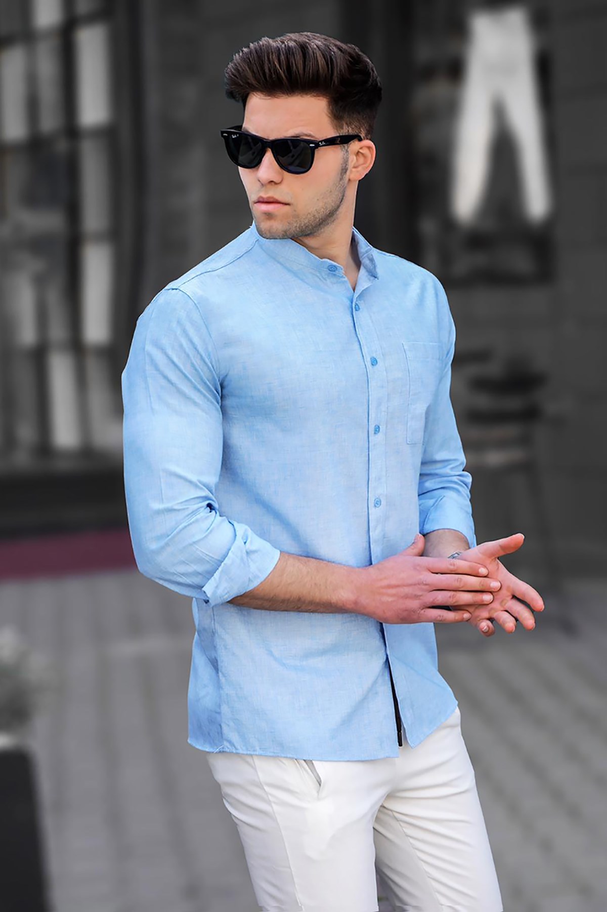 Men Blue Linen Shirt -- Madmext