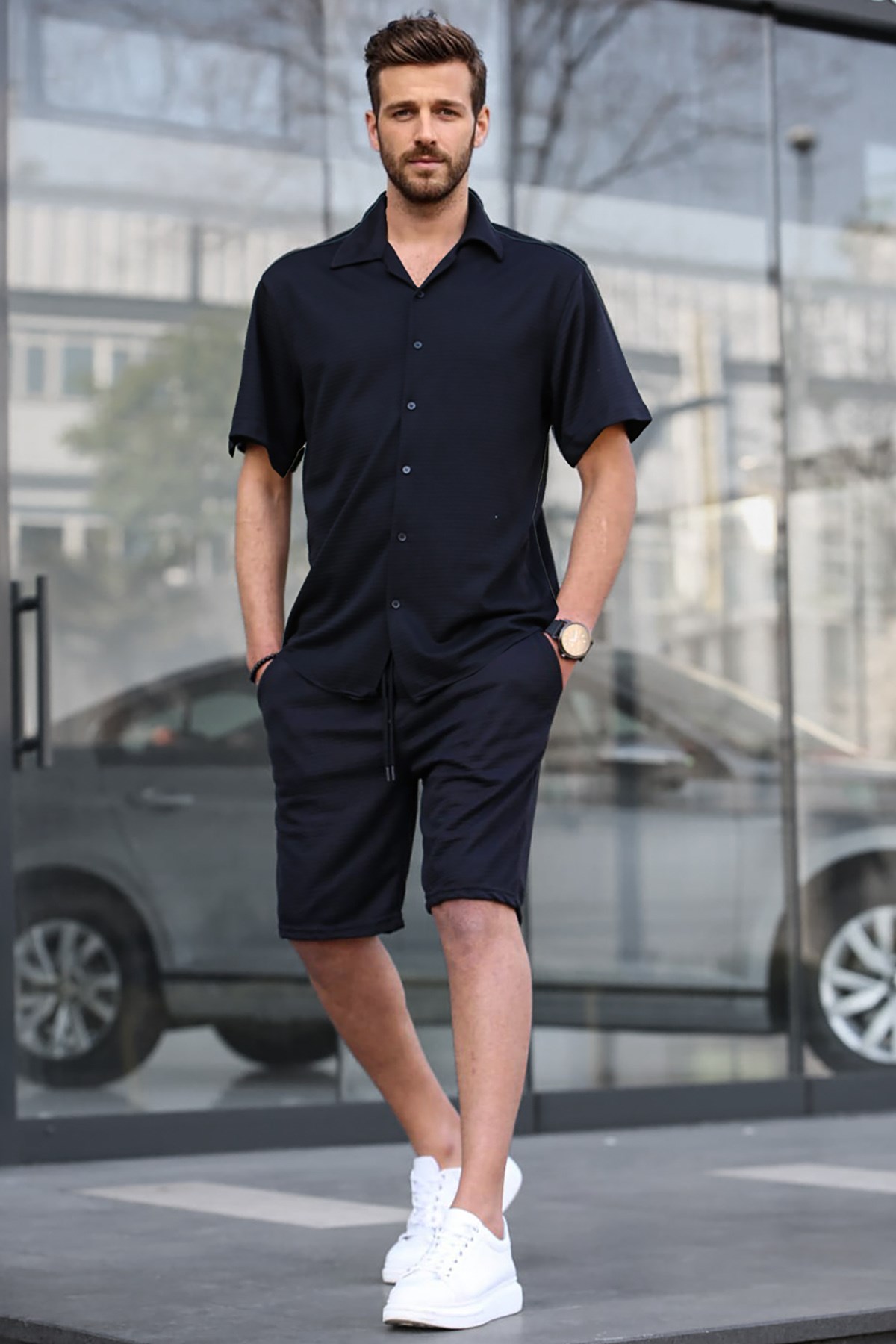 Erkek Siyah Basic Oversize Gömlek Takımı -Madmext
