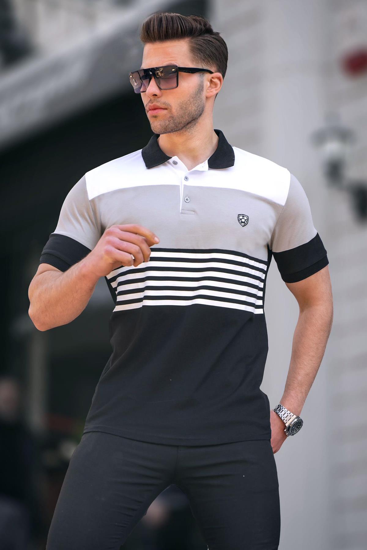 Erkek Siyah Polo Yaka Çizgili Tişört 5865