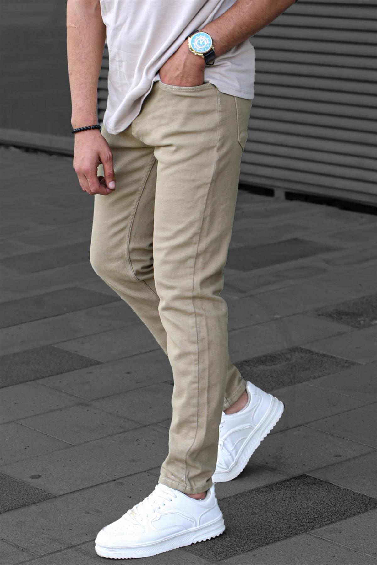 Erkek Taş Rengi Kanvas Slim Fit Pantolon-madmext