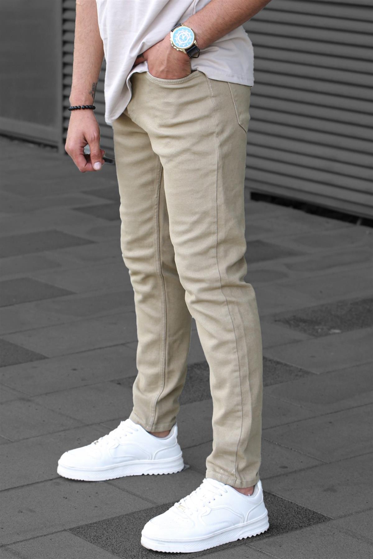 Erkek Taş Rengi Kanvas Slim Fit Pantolon-madmext