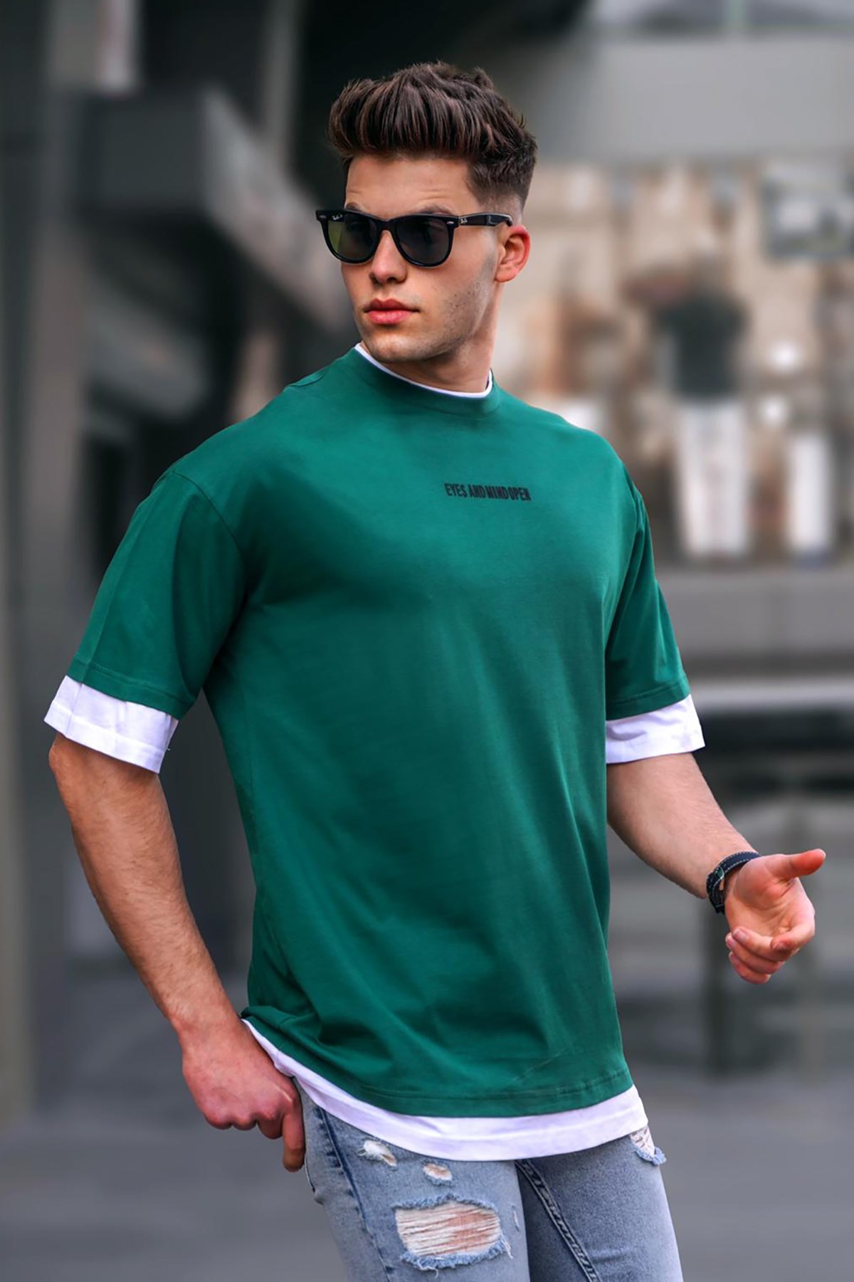 Erkek Yeşil Basic Oversize Tişört - Madmext