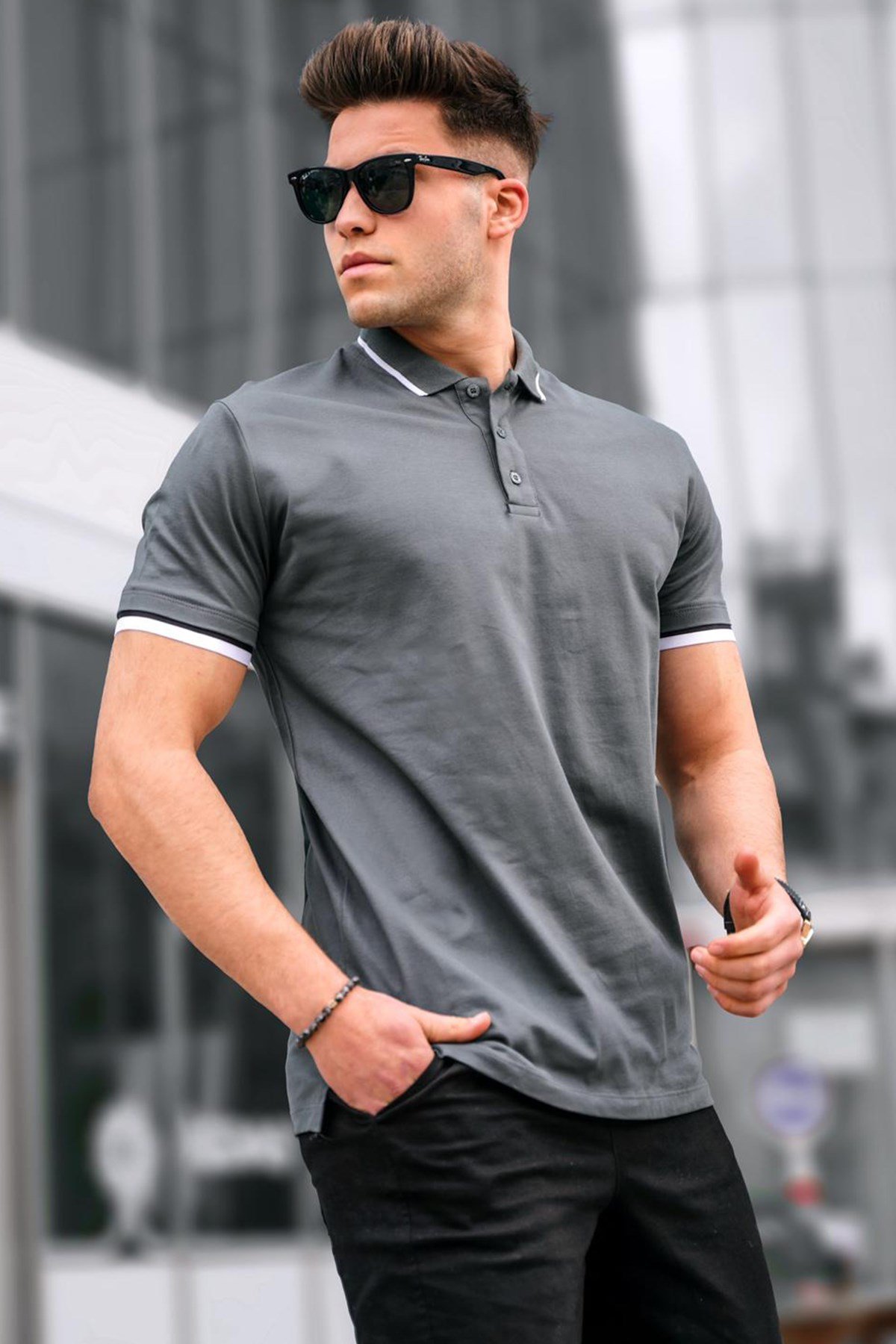Men Basic Smoke Gray Polo T-Shirt -- Madmext