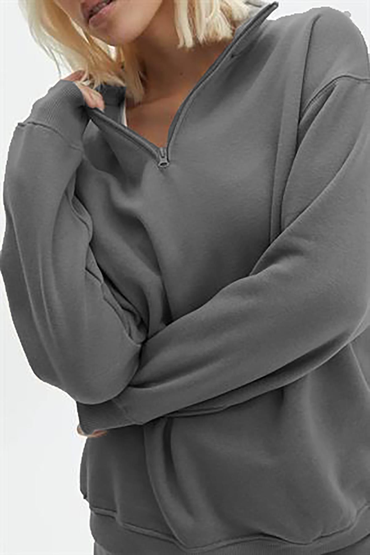 Füme Fermuar Detaylı Oversize Sweatshirt MG1933