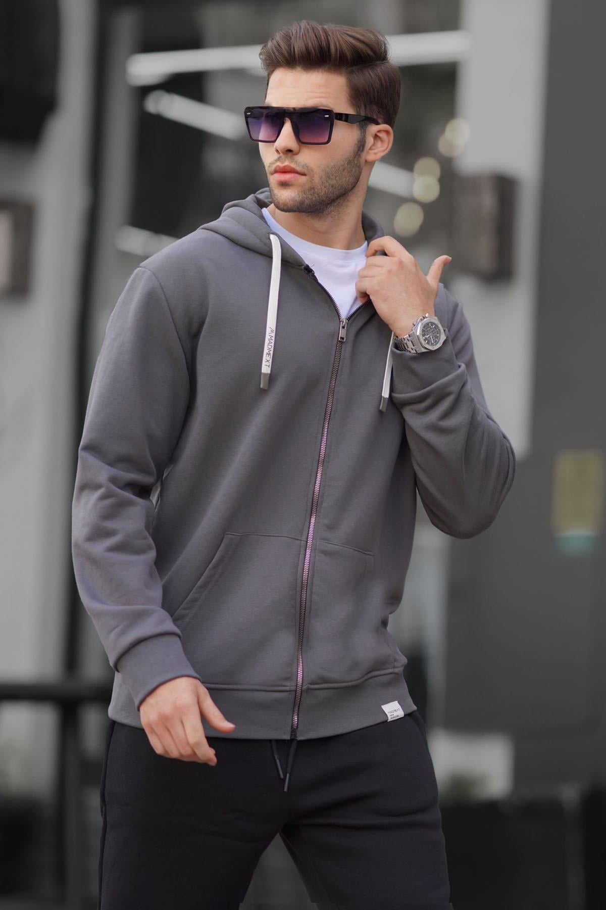 Füme Fermuarlı Kapüşonlu Sweatshirt 6161