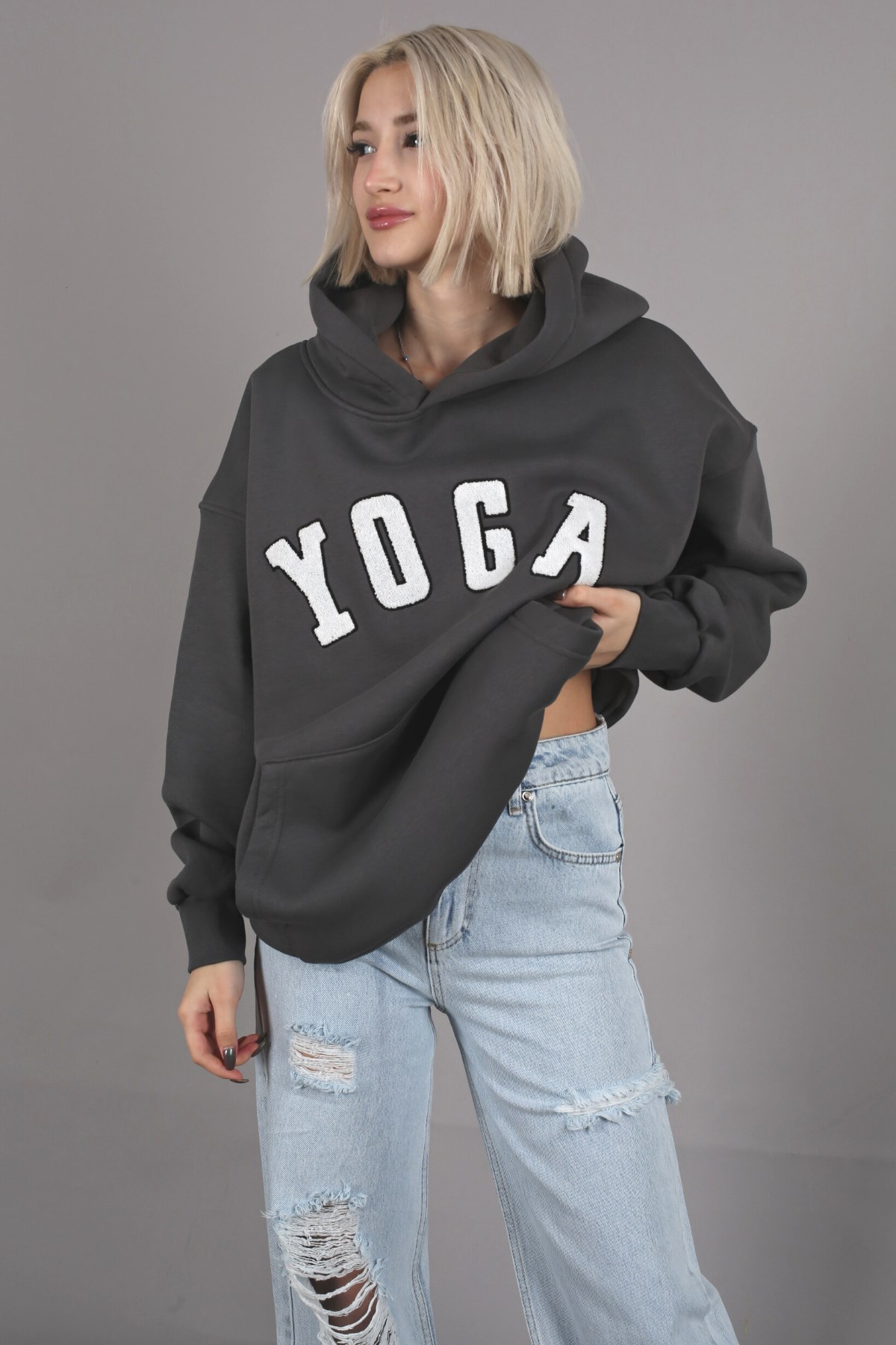 Füme Nakışlı Kapüşonlu Sweatshirt MG1580