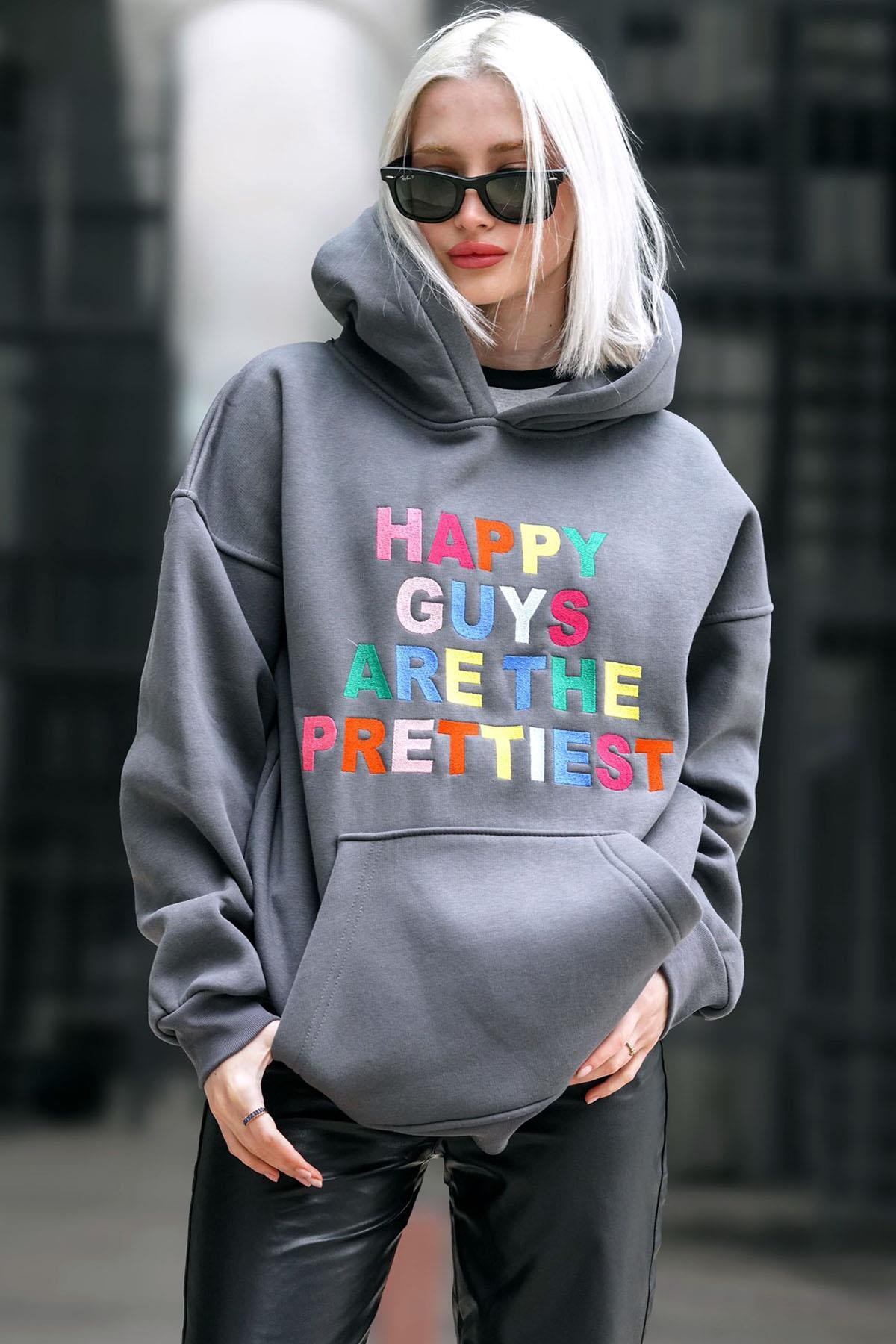 Füme Renkli Nakışlı Bisiklet Yaka Sweatshirt MG1574