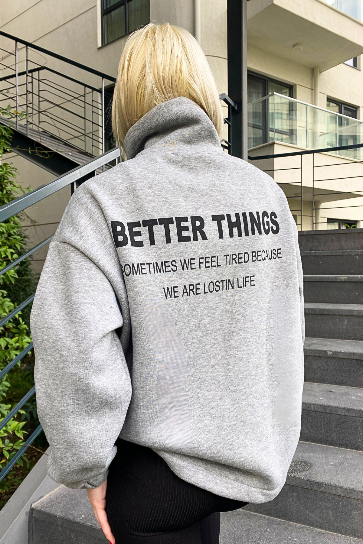 Gri Fermuar Yaka Yırtmaçlı Sweatshirt - Madmext