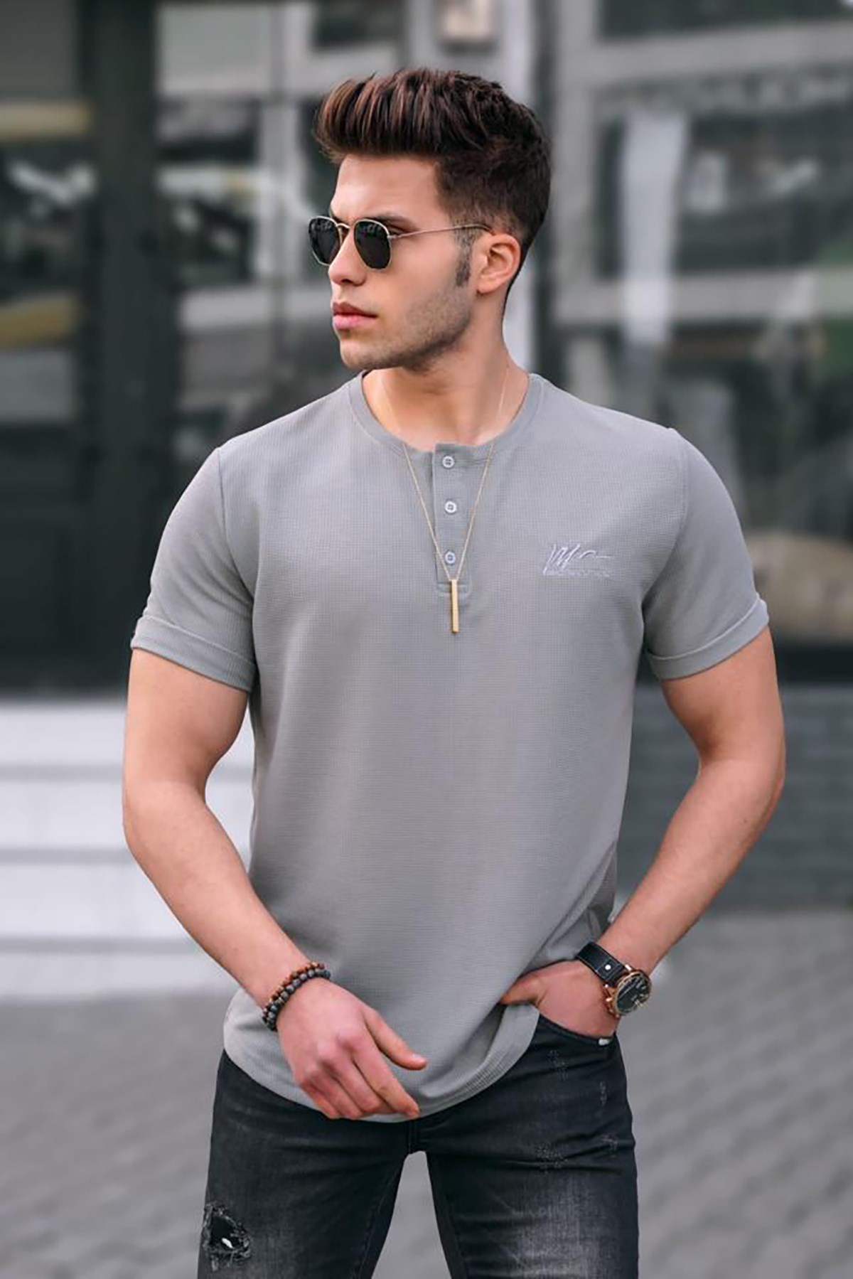 Men Gray Buttoned T-Shirt -- Madmext