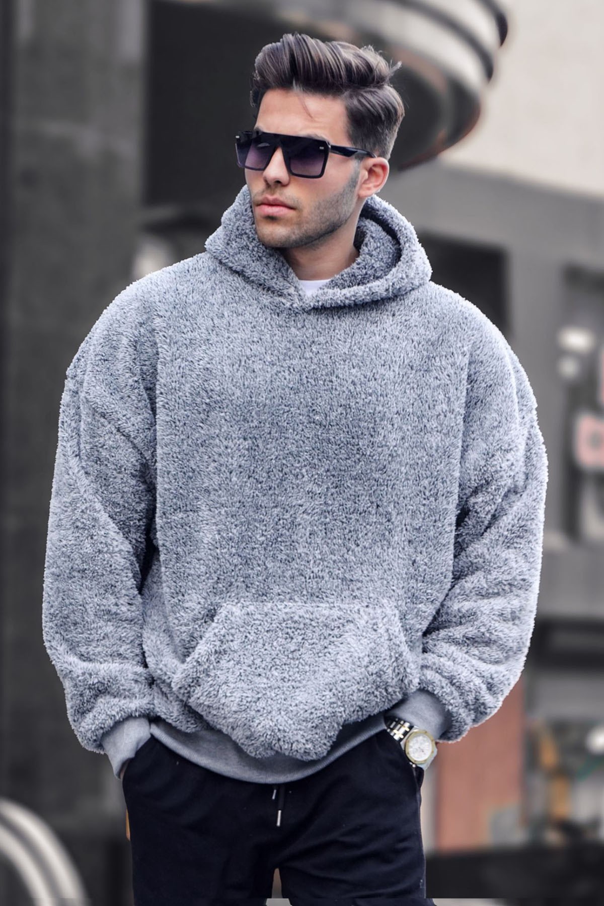 Gray Fur Hoodie Sweatshirt -- Madmext