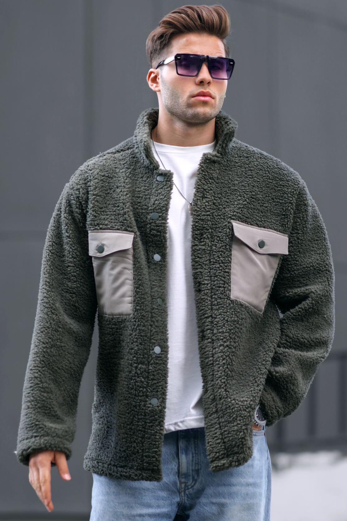 Haki Cep Detaylı Peluş Ceket 6720