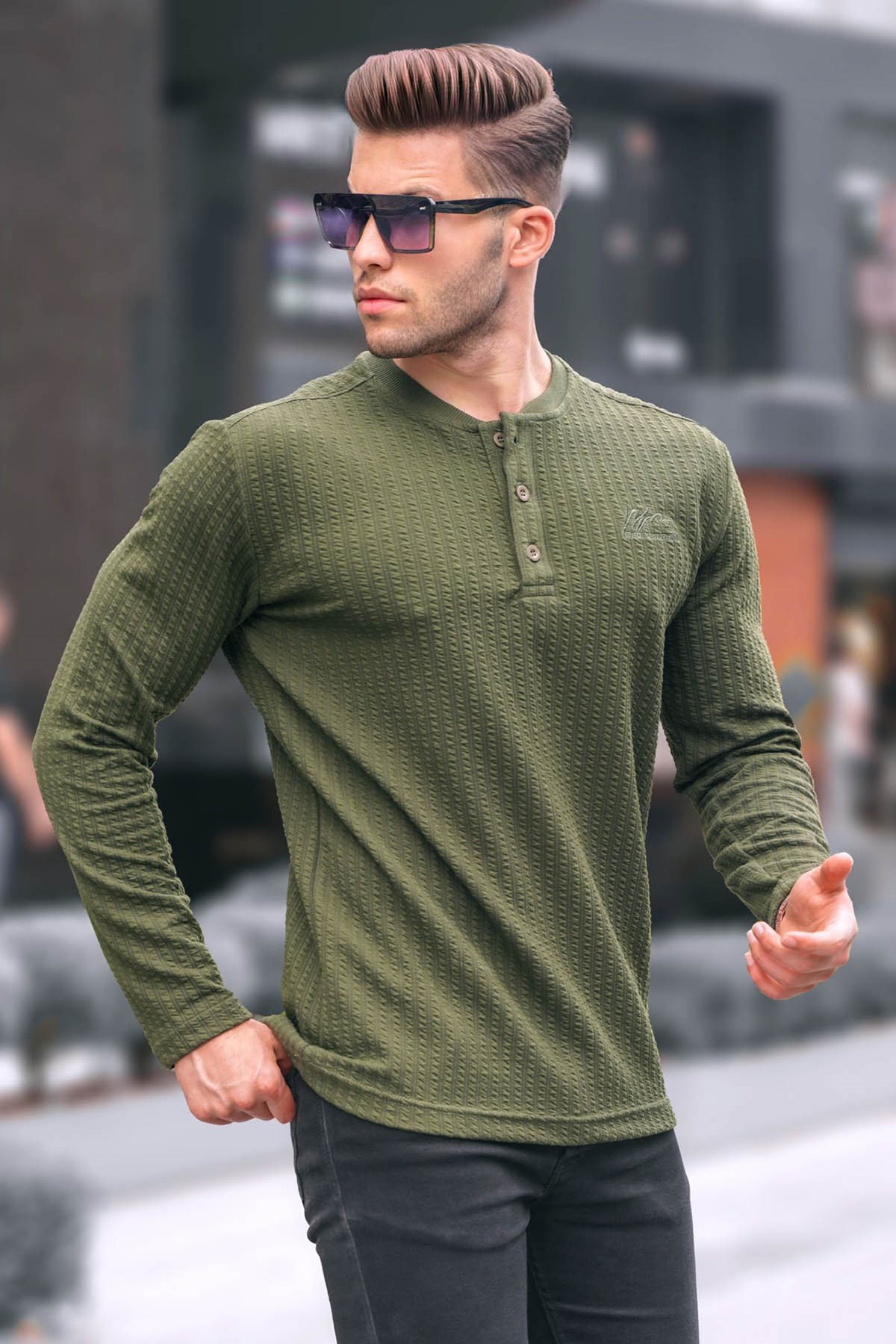 Haki Waffle Kumaş Basic Kazak 6007
