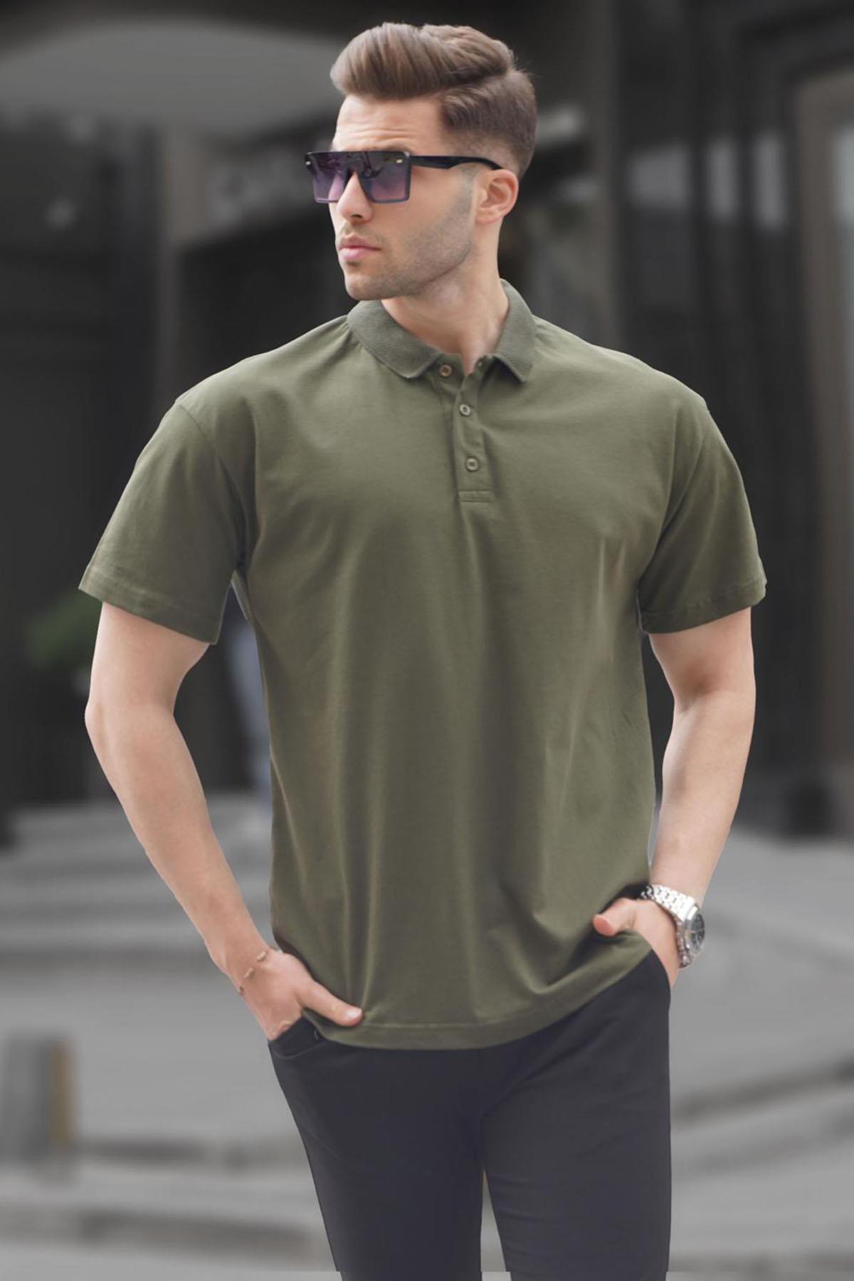 Haki Yeşili Polo Yaka Basic Erkek Tişört - Madmext