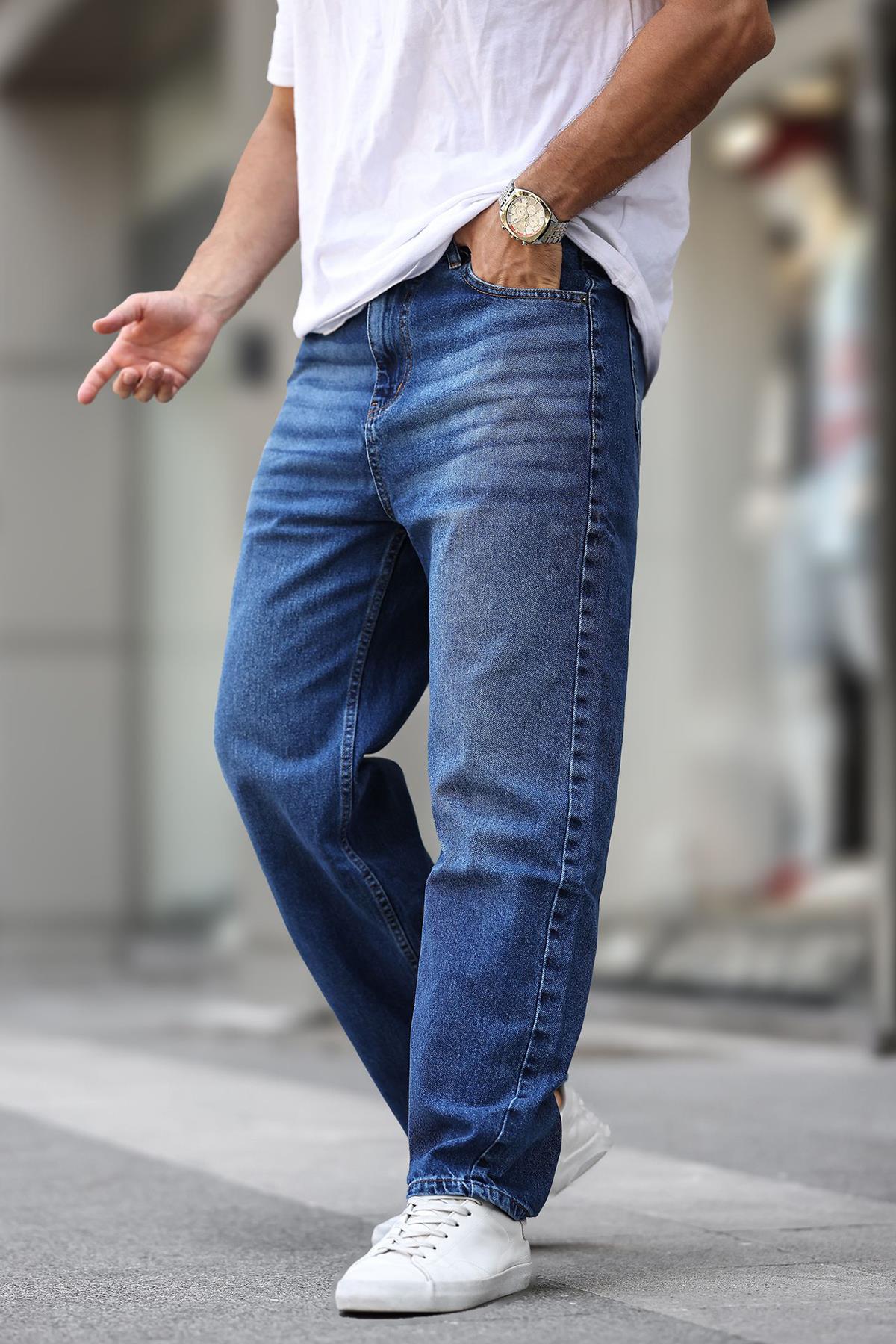 Koyu Mavi Erkek Yıkamalı Baggy Jean 7216 - Madmext