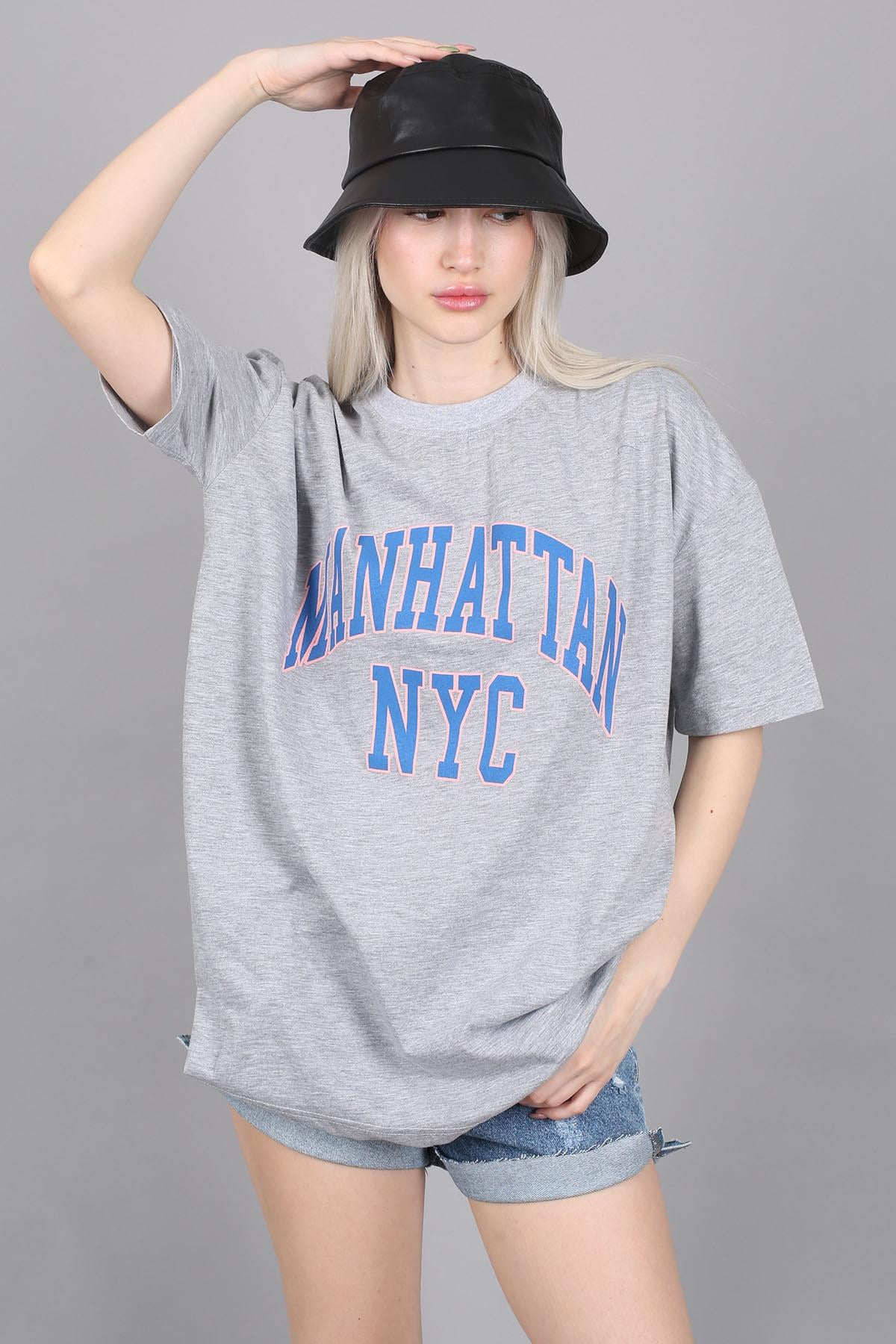 Kadın Gri Baskılı Oversize T-shirt MG1231