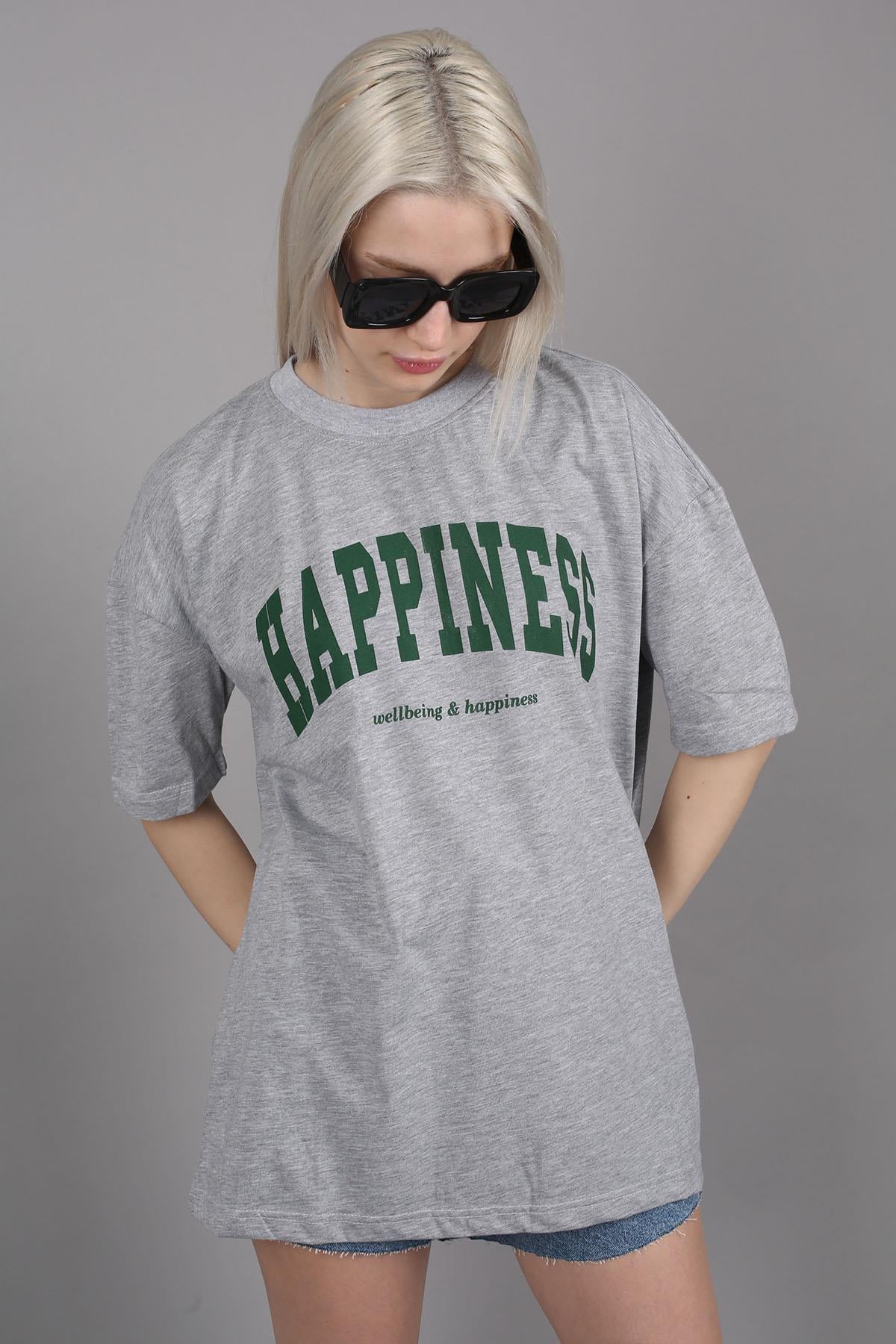 Kadın Gri Baskılı Oversize T-shirt - Madmext