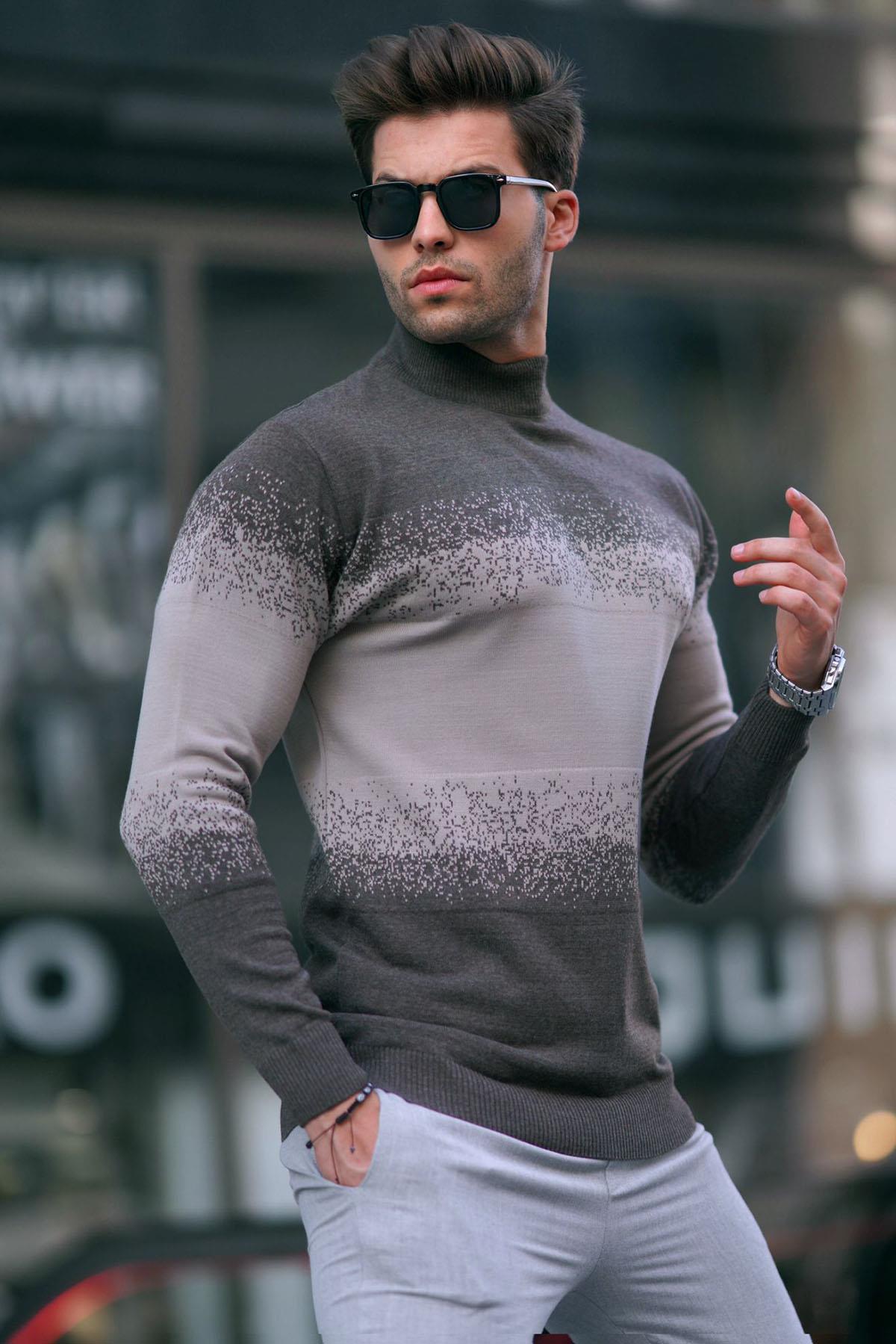 Kahverengi Balıkçı Yaka Desenli Kazak 6845