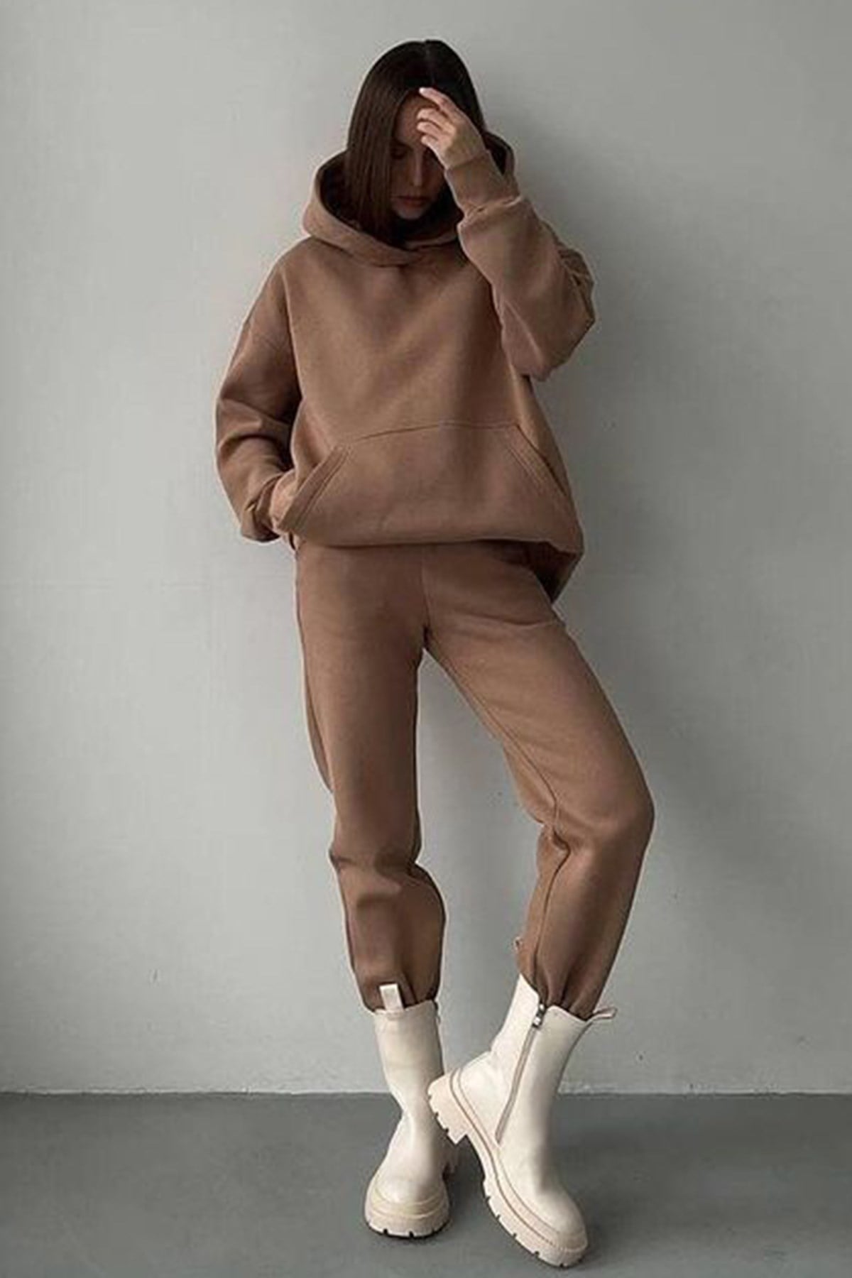 Kahverengi Kapüşonlu Oversize Kadın Eşofman Takımı MG1609
